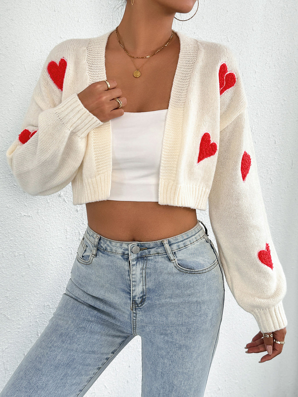 Fuzzy Heart Patch Knit Open Front Cropped Cardigan - White - 4