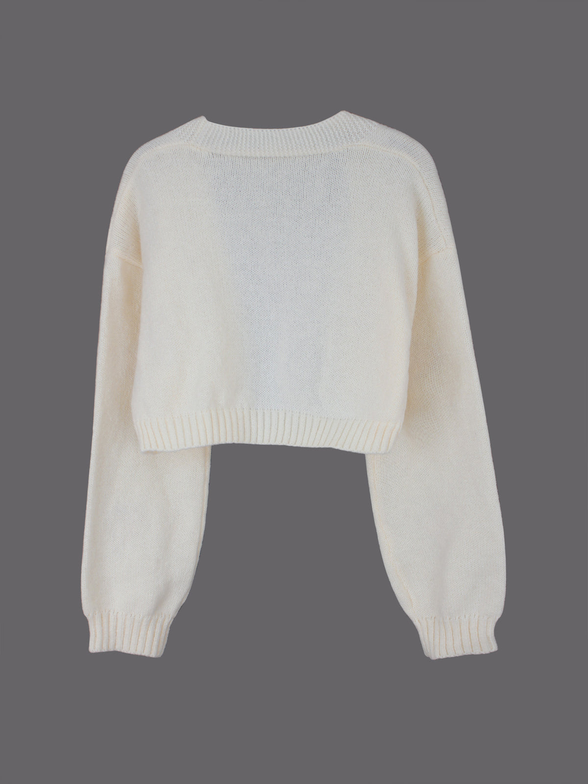 Fuzzy Heart Patch Knit Open Front Cropped Cardigan - White - 5