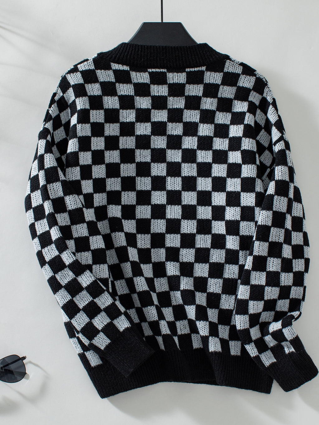 Checkerboard V Neck Loose Knit Sweater - Black - 1