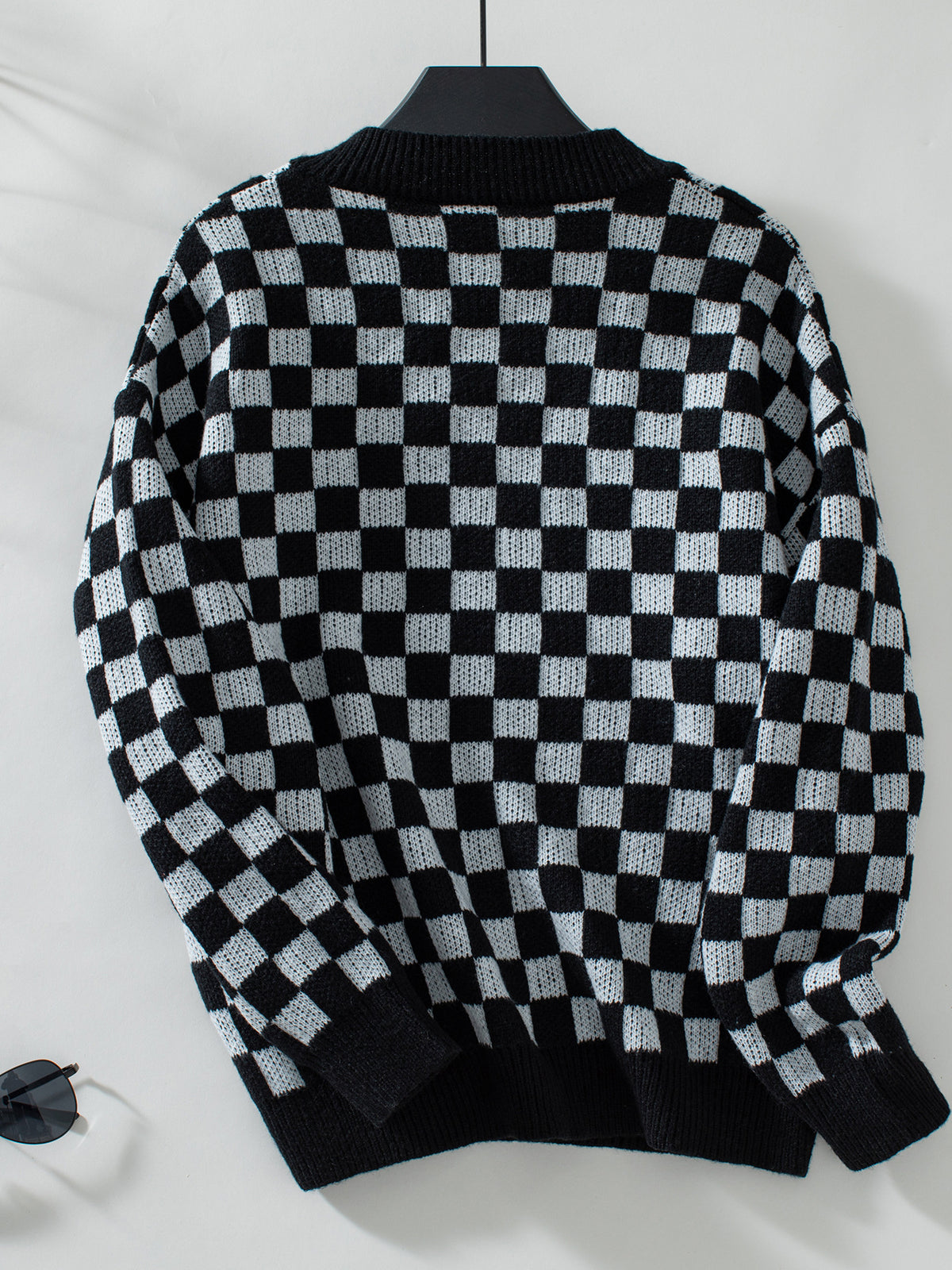 Checkerboard V Neck Loose Knit Sweater - Black - 1