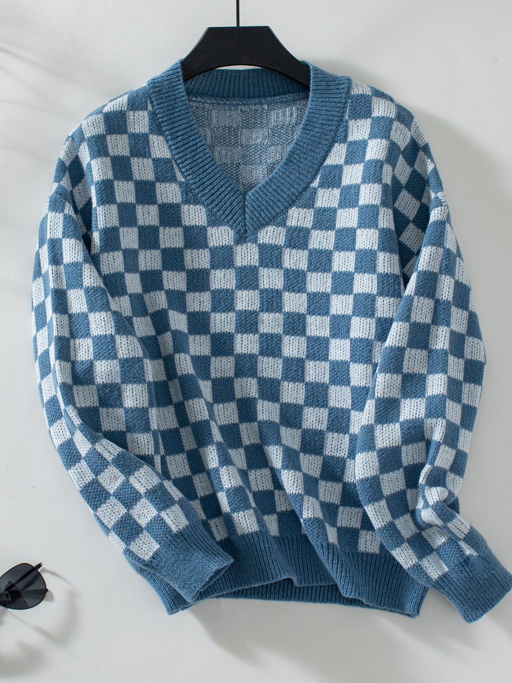 Checkerboard V Neck Loose Knit Sweater - Blue