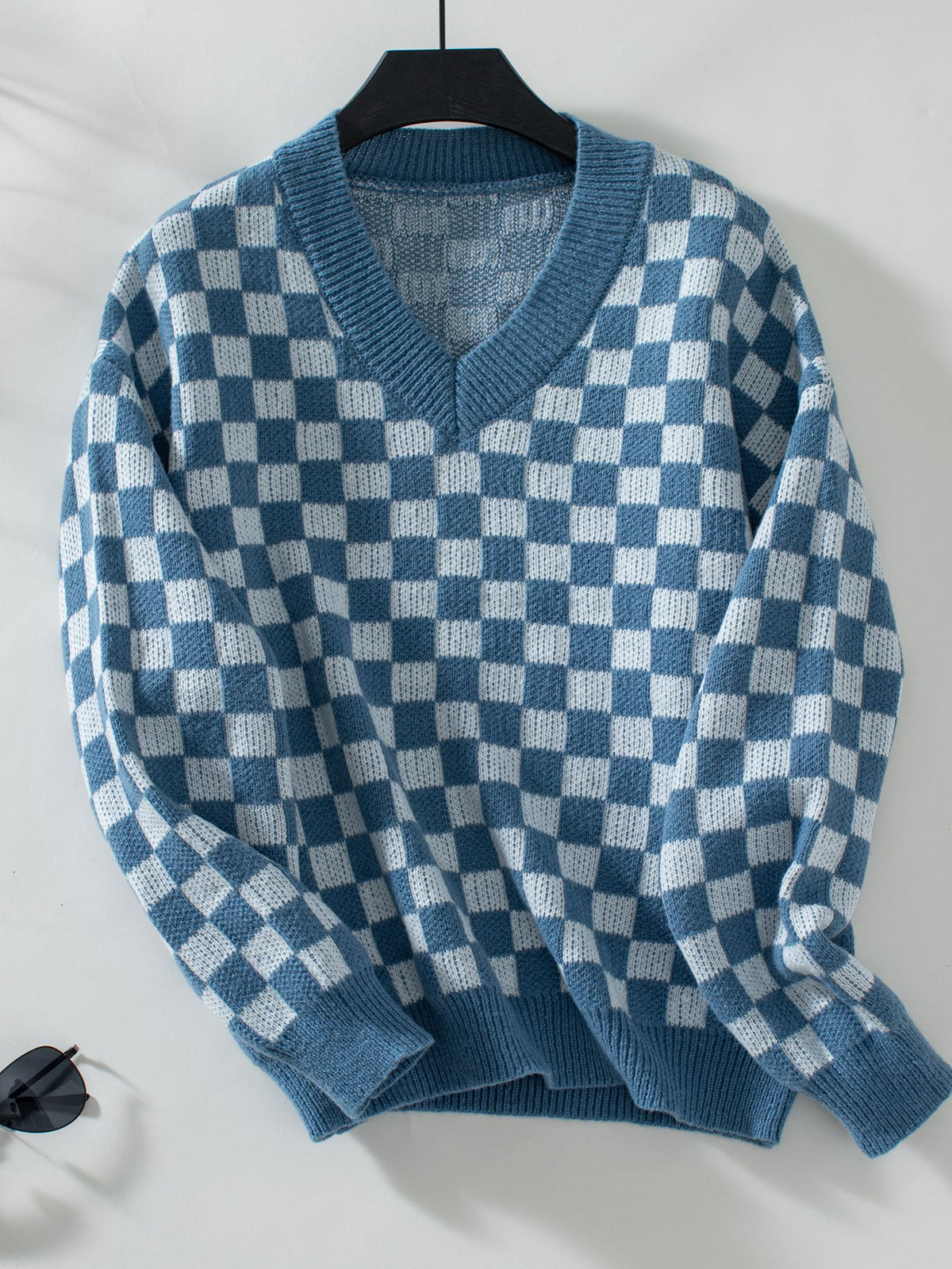 Checkerboard V Neck Loose Knit Sweater - Blue