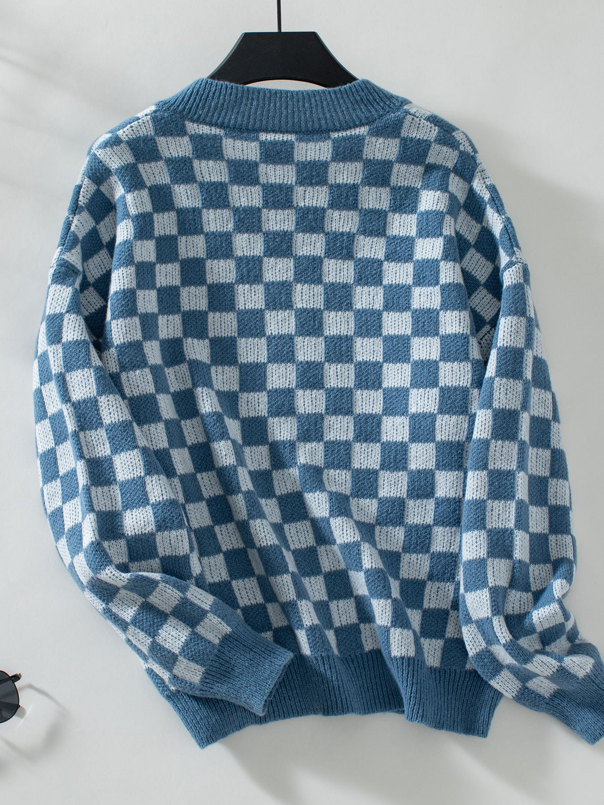 Checkerboard V Neck Loose Knit Sweater - Blue - 1