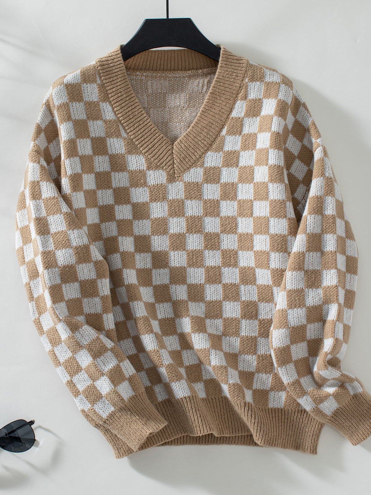 Checkerboard V Neck Loose Knit Sweater - Khaki - 1