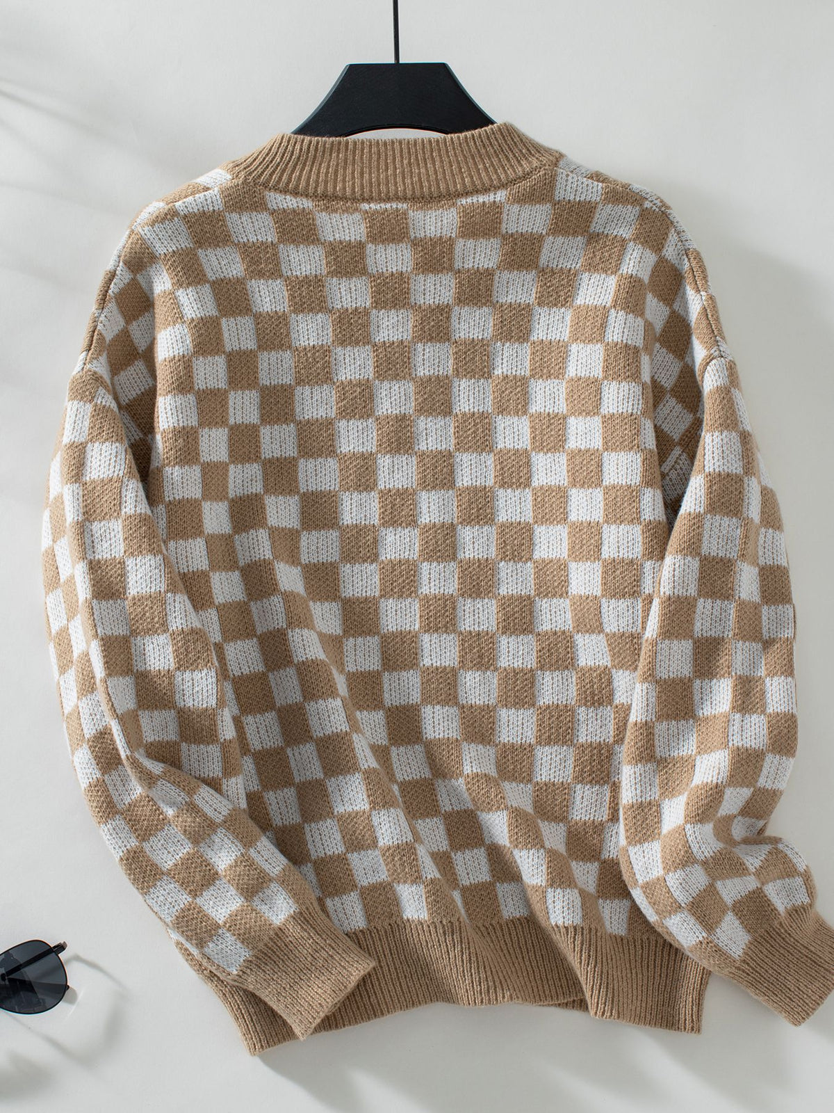 Checkerboard V Neck Loose Knit Sweater - Khaki - 2
