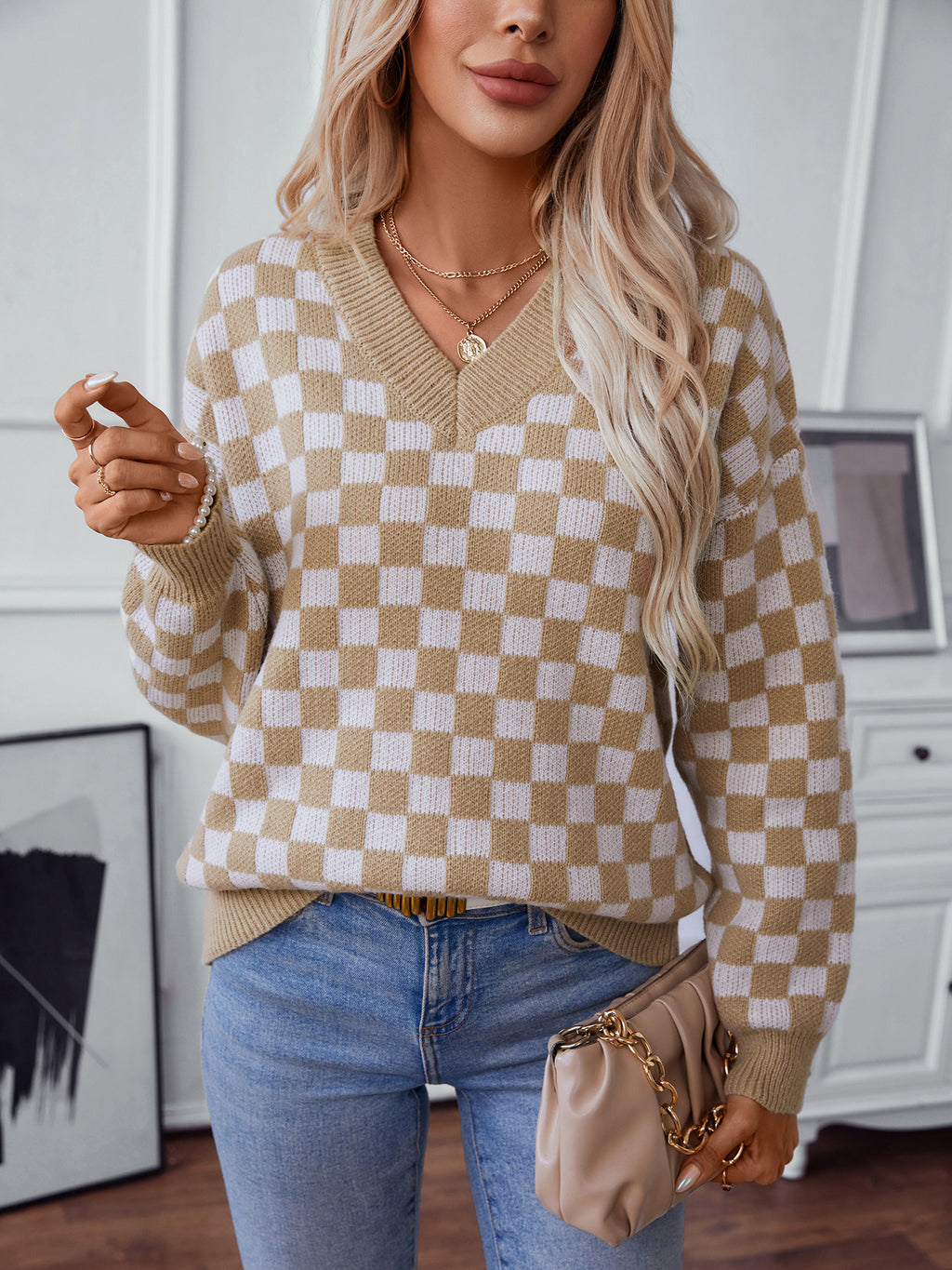 Checkerboard V Neck Loose Knit Sweater - Khaki - 5