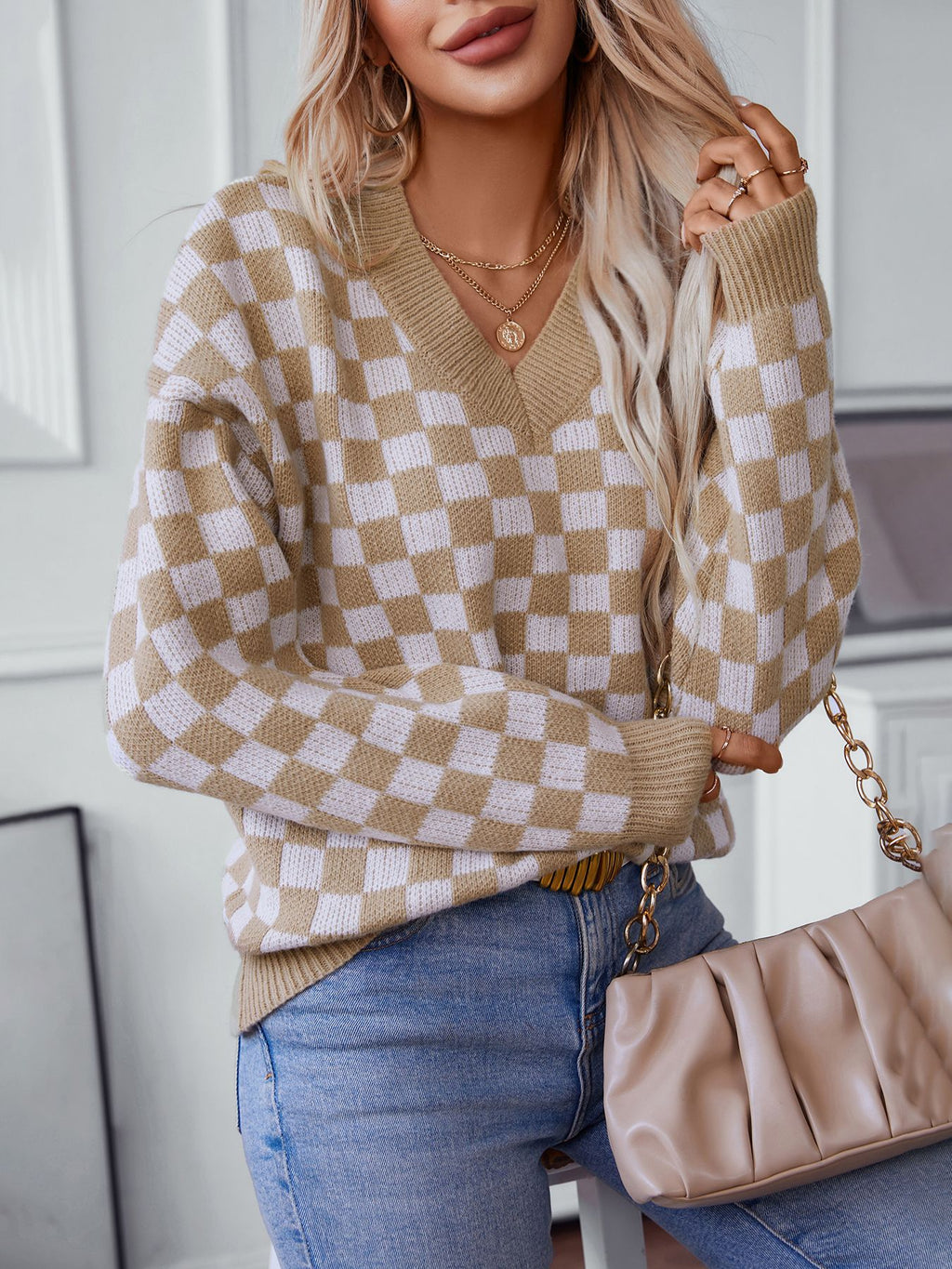 Checkerboard V Neck Loose Knit Sweater