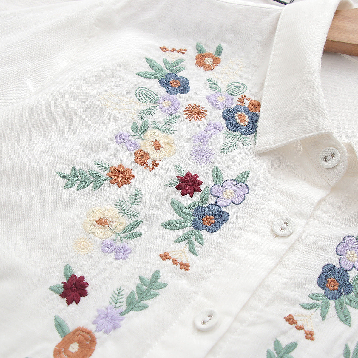Floral Embroidered Loose Cotton Shirt - white - 13
