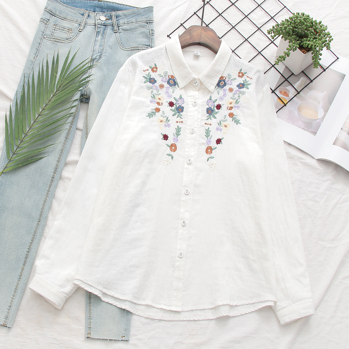 Floral Embroidered Loose Cotton Shirt - white - 19