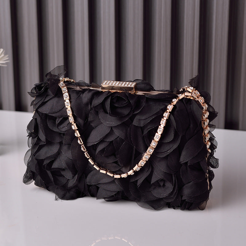 Chiffon Rosette Evening Clutch Bag - Black