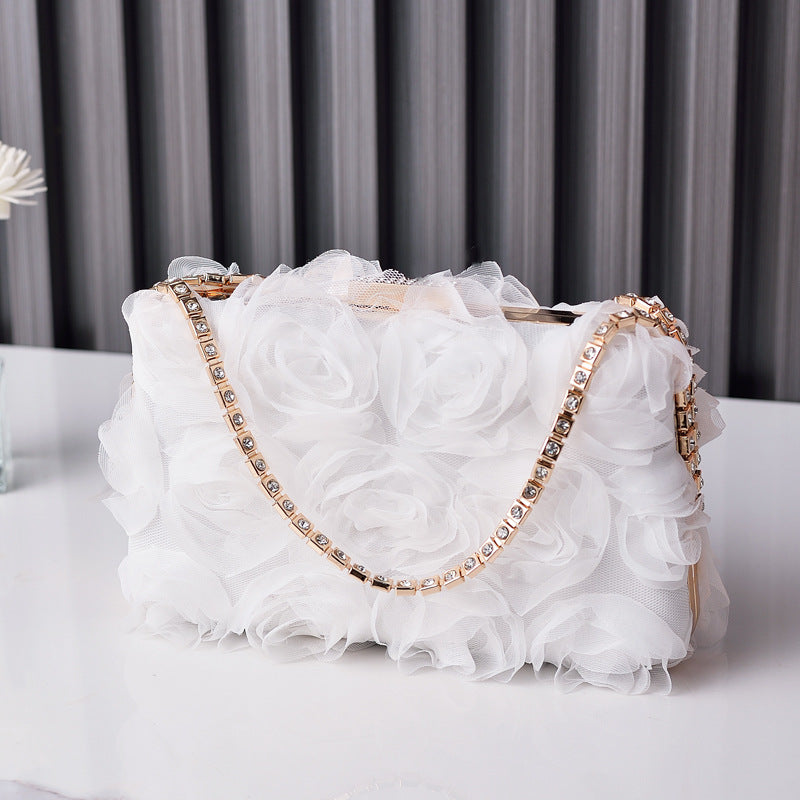 Chiffon Rosette Evening Clutch Bag - White