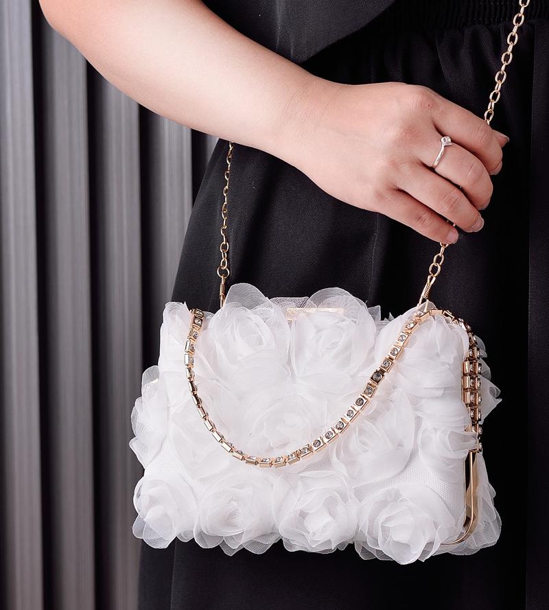 Chiffon Rosette Evening Clutch Bag - White - 4