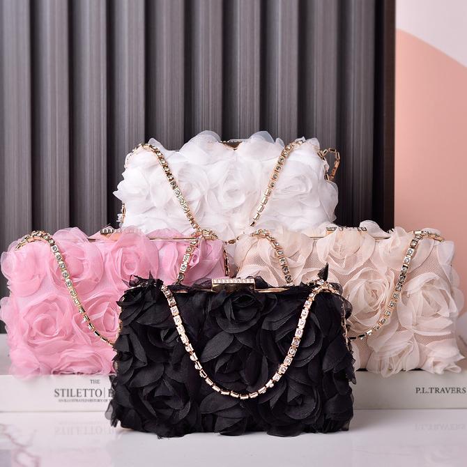 Chiffon Rosette Evening Clutch Bag - White - 5