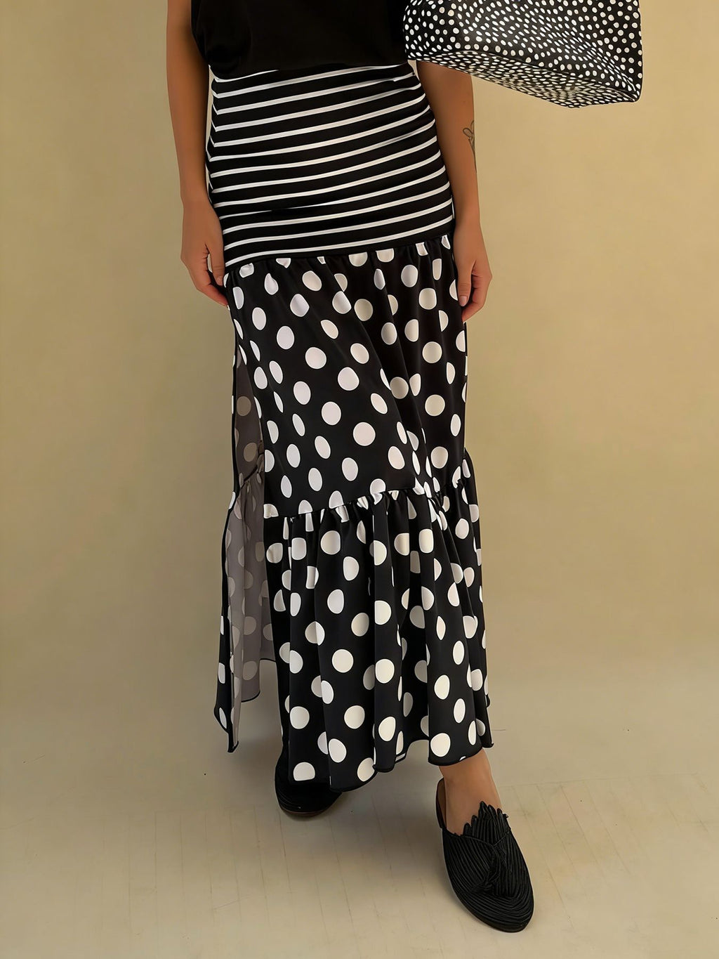 Polka Dot Maxi Skirt With Side Split - Black - 1