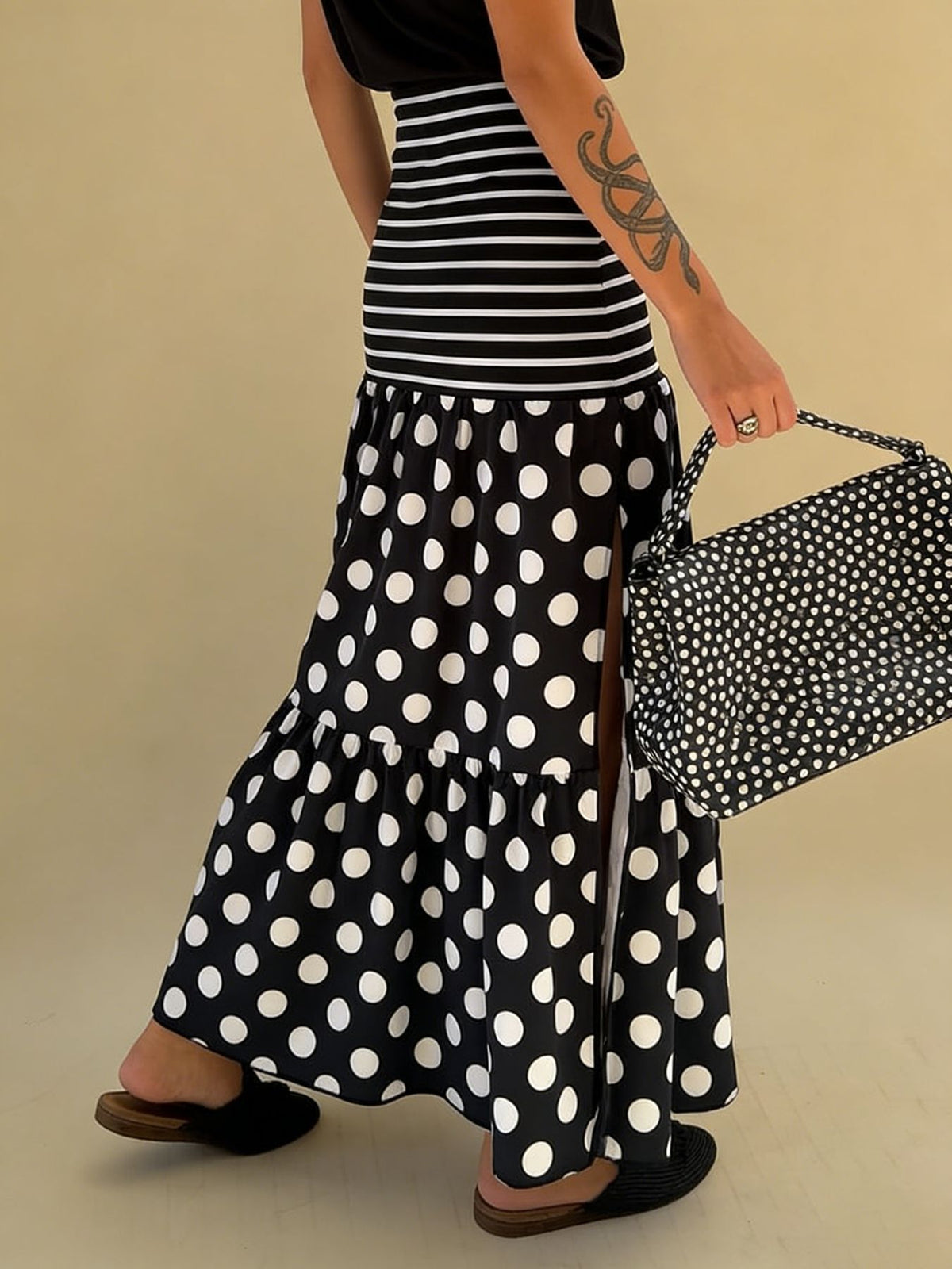 Polka Dot Maxi Skirt With Side Split - Black - 2