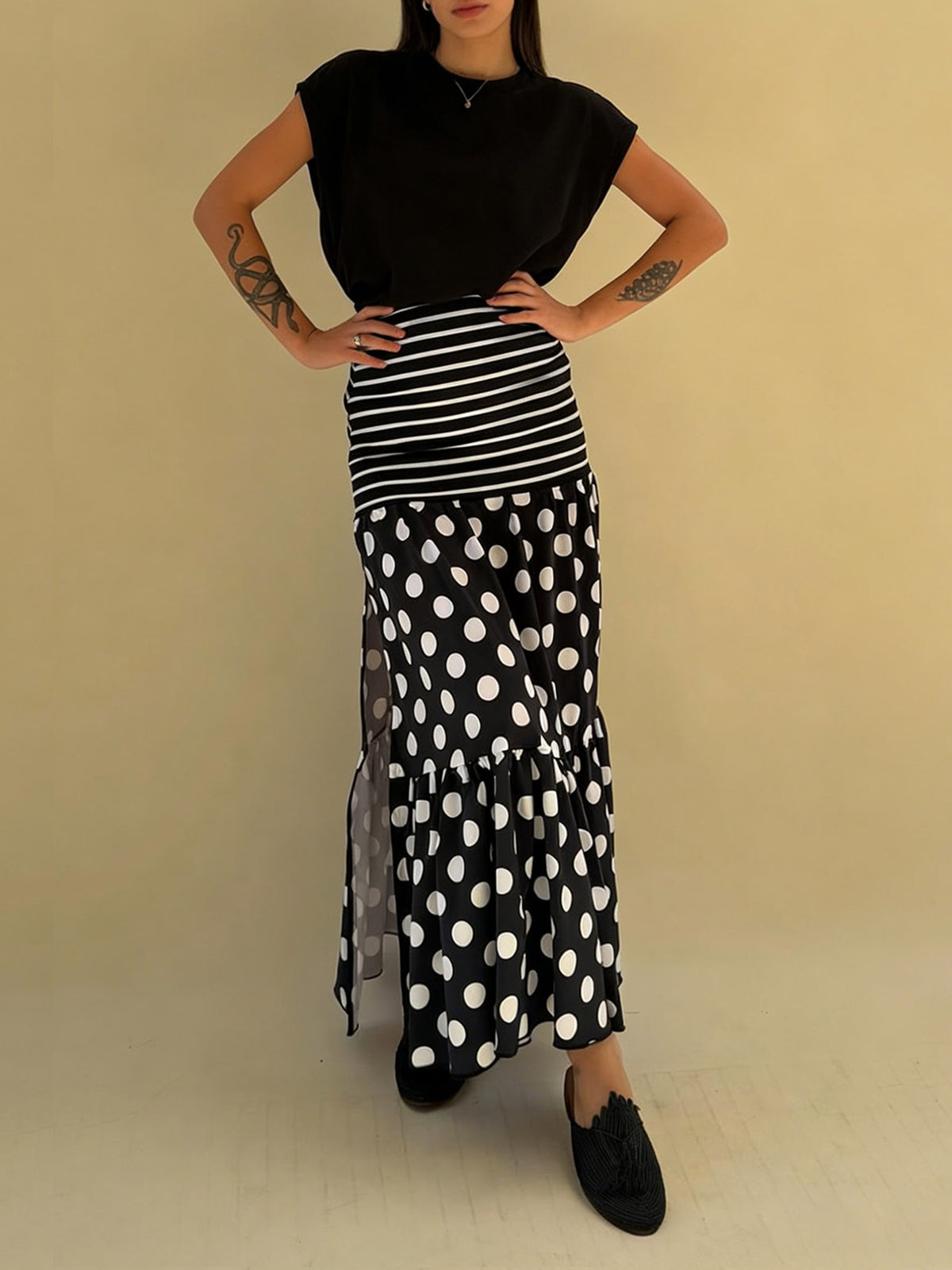Polka Dot Maxi Skirt With Side Split - Black - 3
