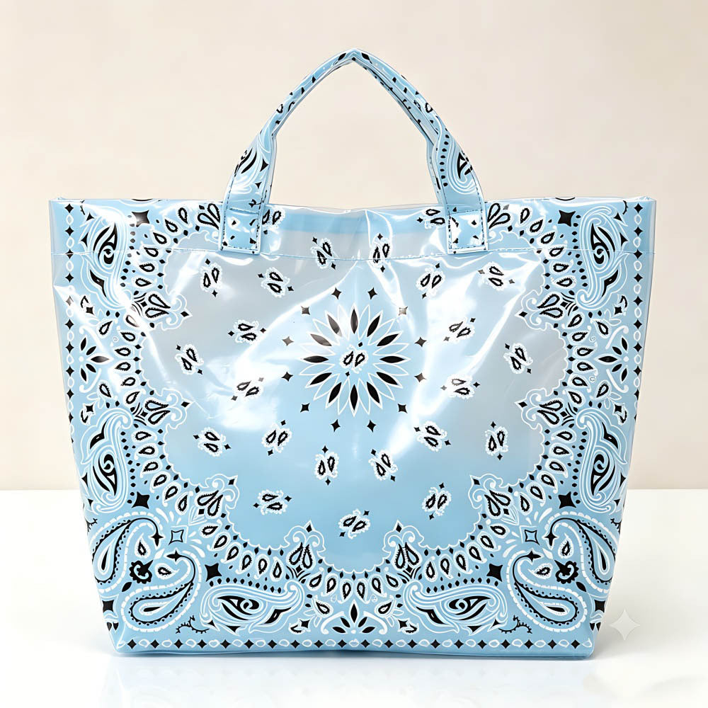 Paisley Print Glossy Vinyl Wide Tote Bag - Blue