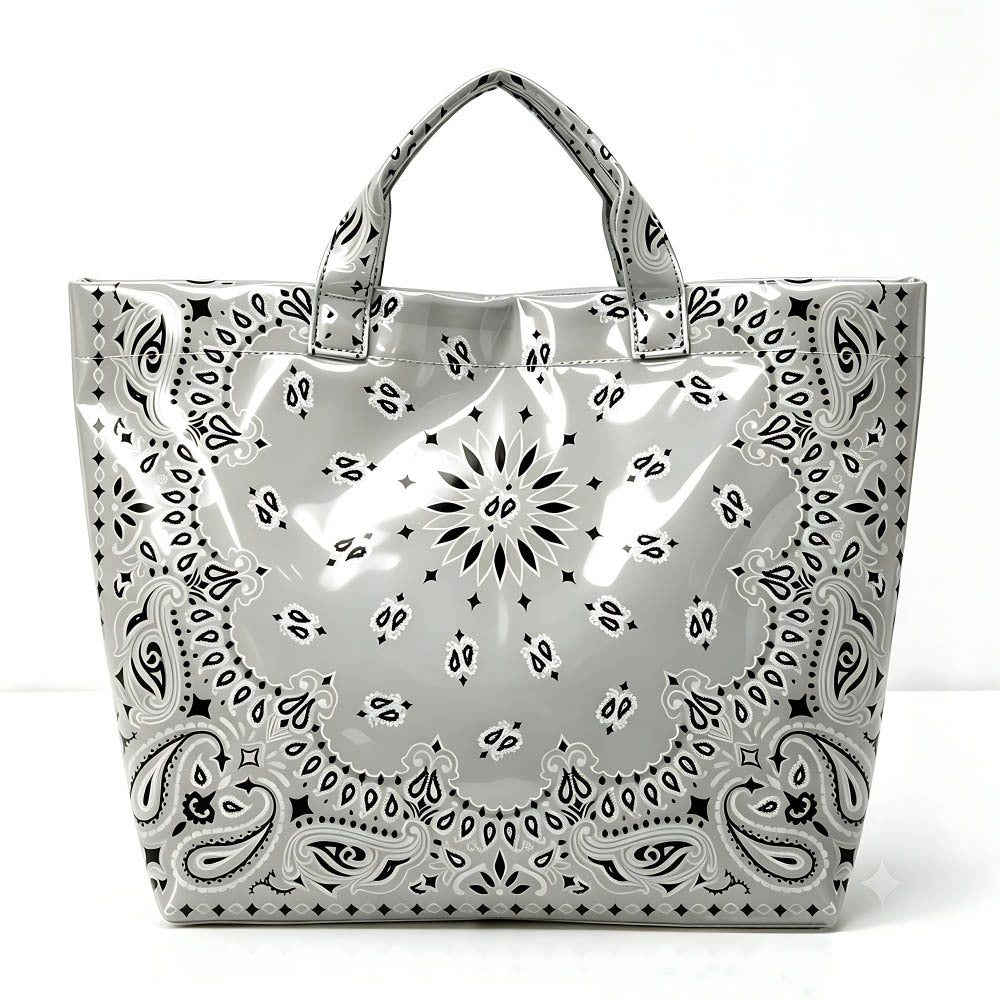 Paisley Print Glossy Vinyl Wide Tote Bag - Gray