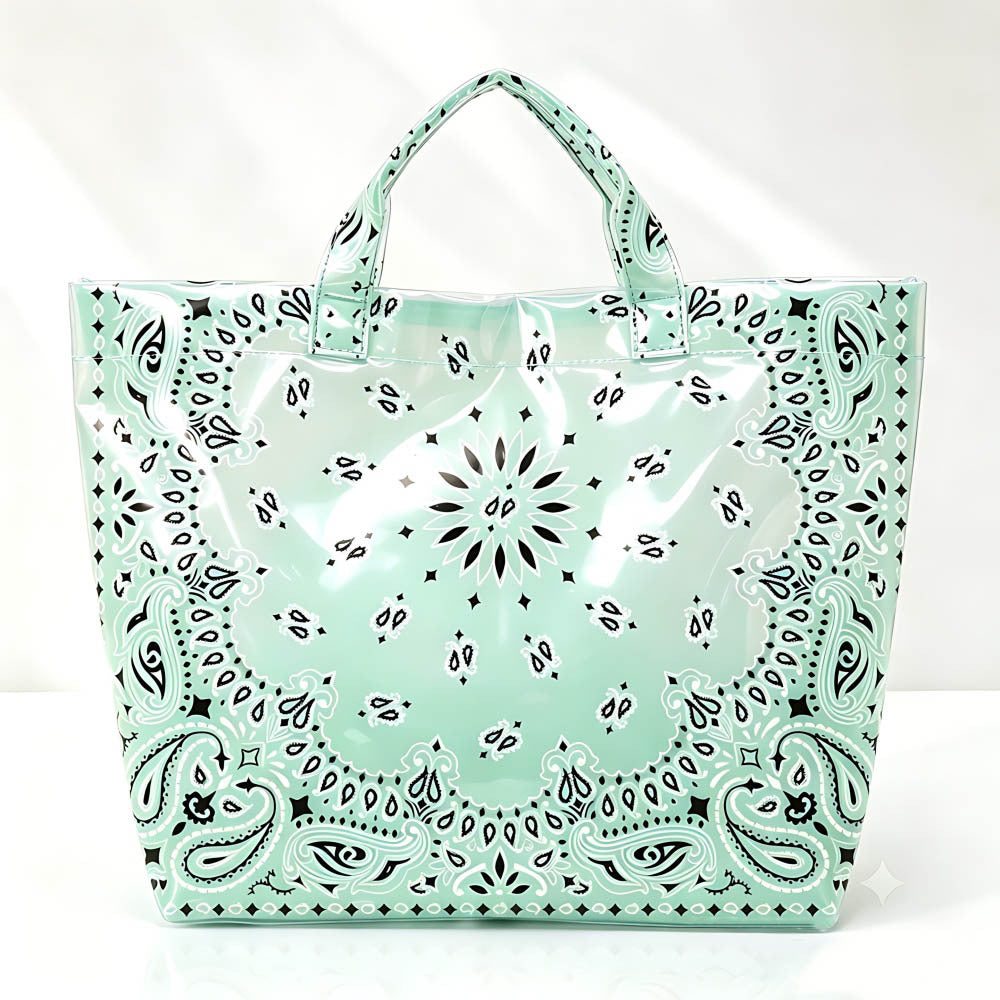 Paisley Print Glossy Vinyl Wide Tote Bag - Light_Green