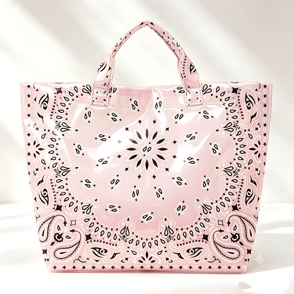 Paisley Print Glossy Vinyl Wide Tote Bag - Pink