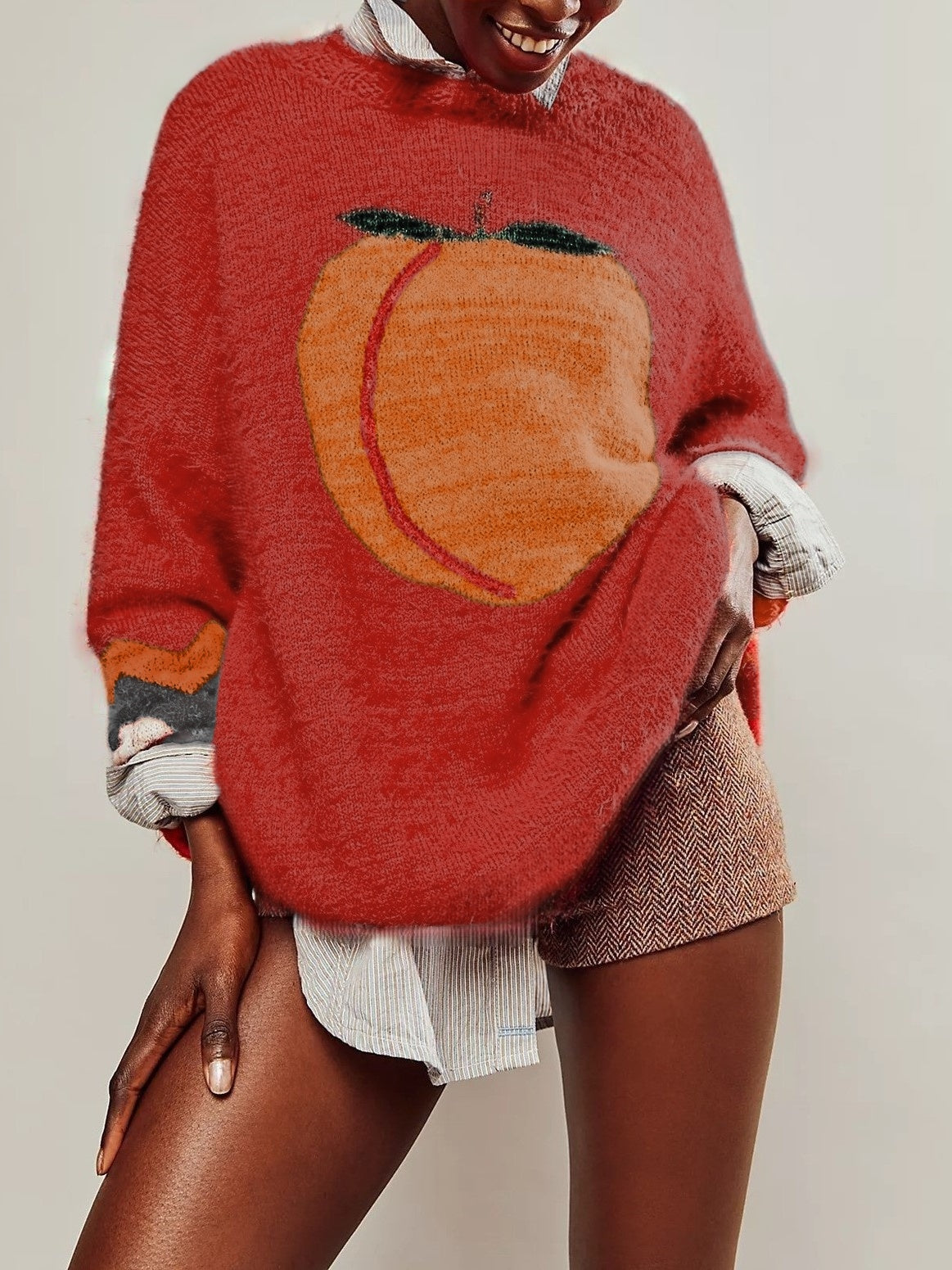 Peach Graphic Fuzzy Oversized Knit Sweater - Orange