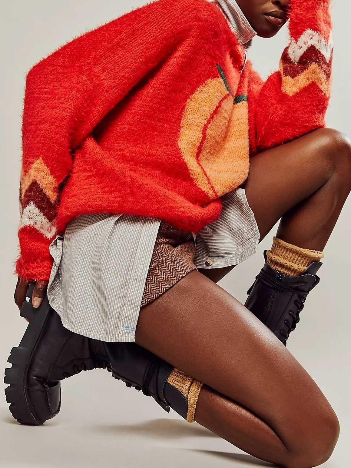 Peach Graphic Fuzzy Oversized Knit Sweater - Orange - 1