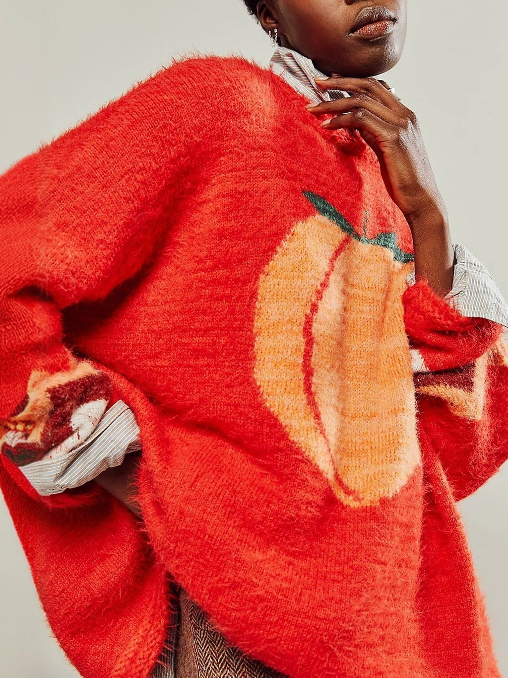 Peach Graphic Fuzzy Oversized Knit Sweater - Orange - 4