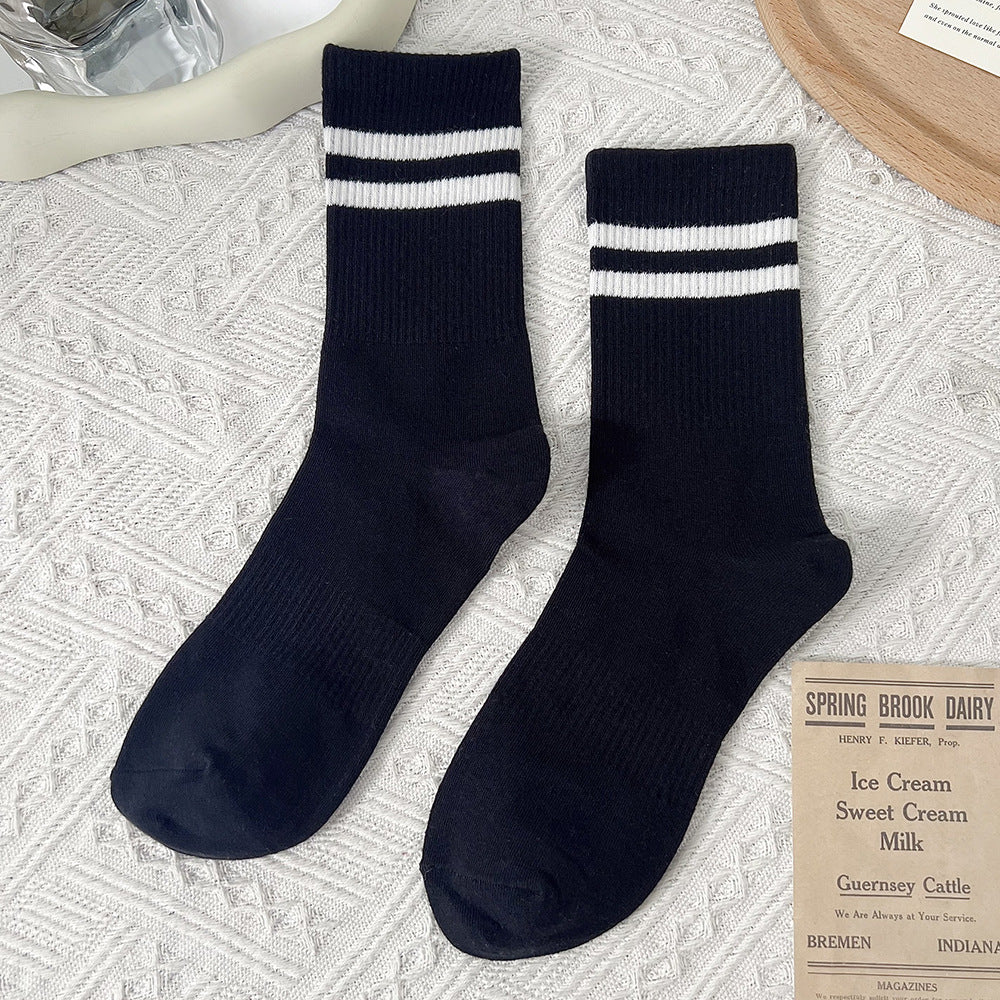 Double Stripe Ribbed Sports Crew Socks - Black