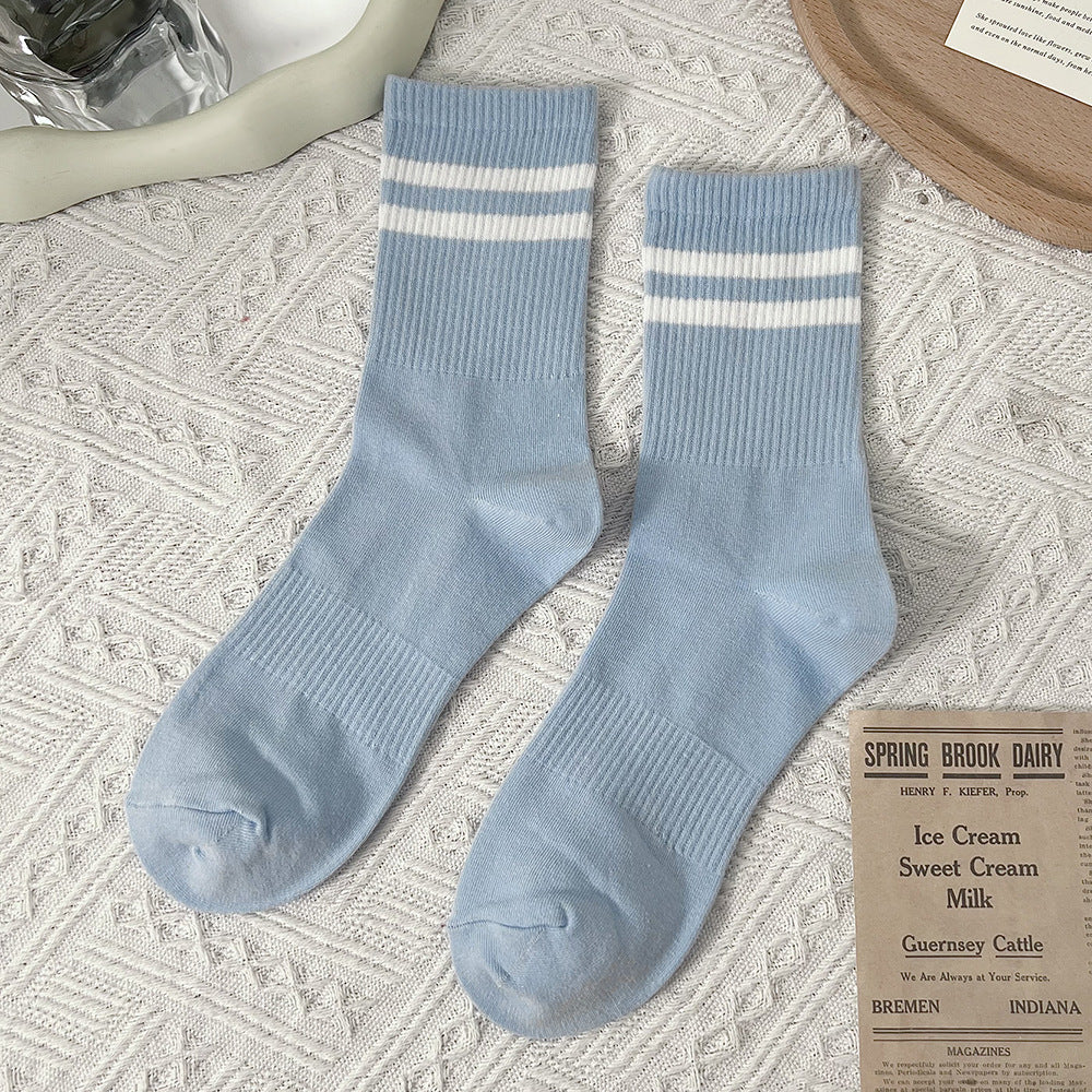 Double Stripe Ribbed Sports Crew Socks - Blue