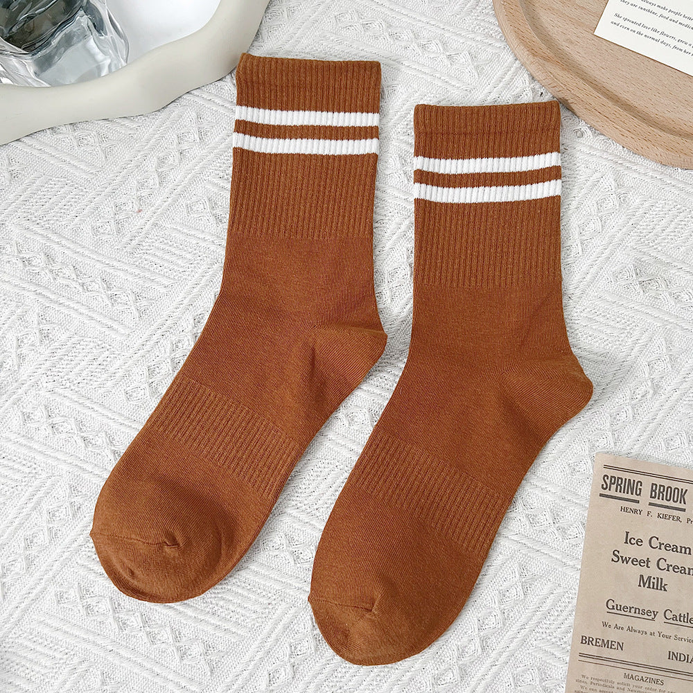 Double Stripe Ribbed Sports Crew Socks - Coffee