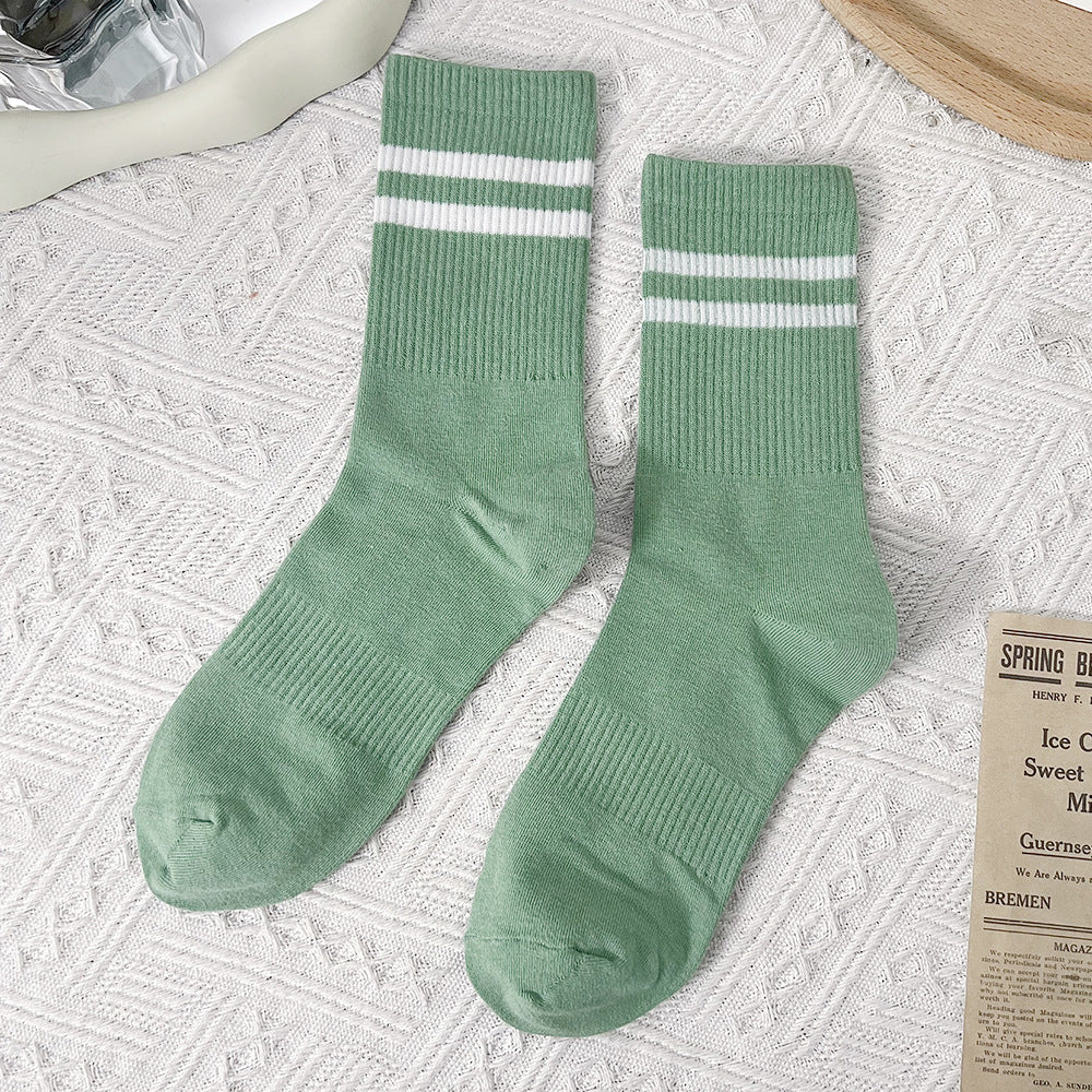 Double Stripe Ribbed Sports Crew Socks - Green