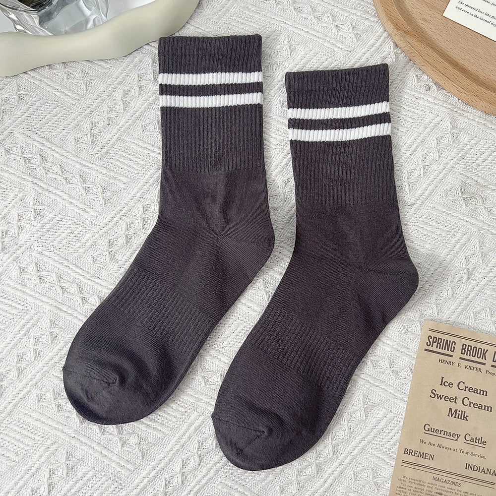 Double Stripe Ribbed Sports Crew Socks - Grey