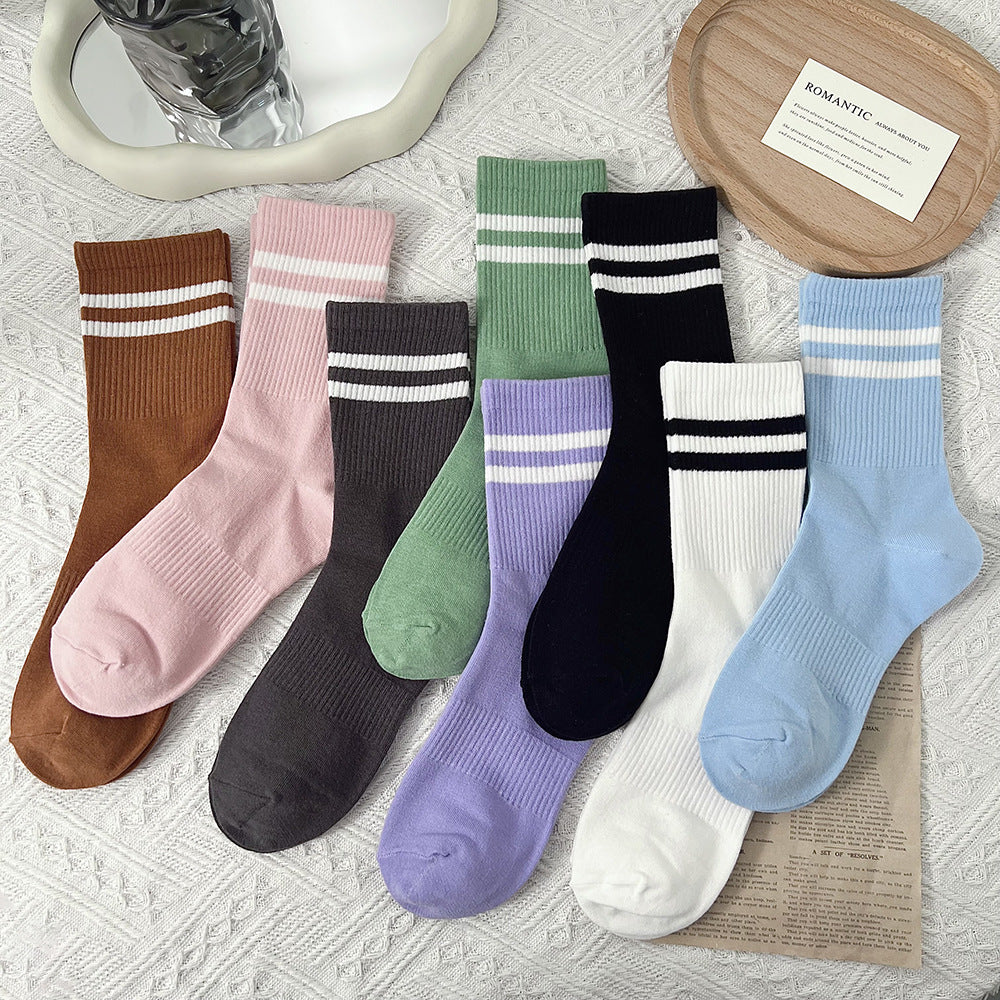 Double Stripe Ribbed Sports Crew Socks - Pink