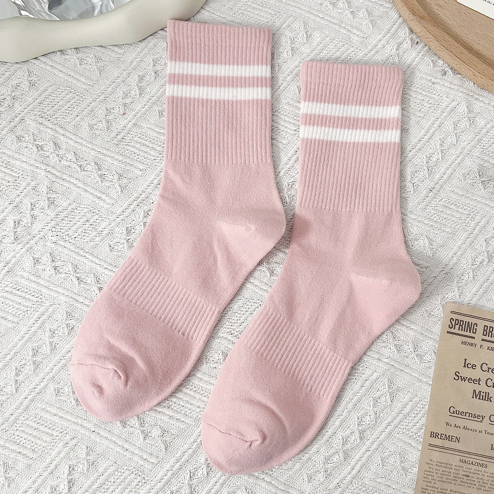 Double Stripe Ribbed Sports Crew Socks - Pink - 1
