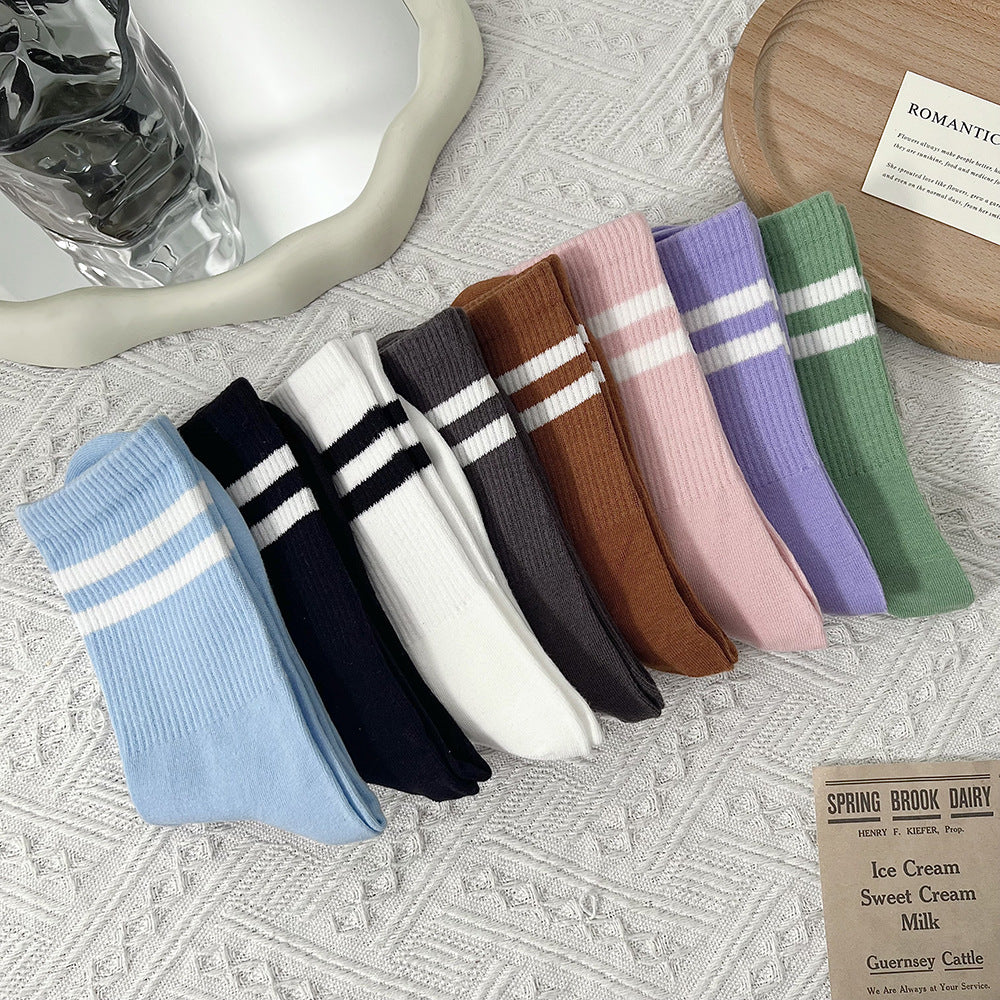 Double Stripe Ribbed Sports Crew Socks - Pink - 2