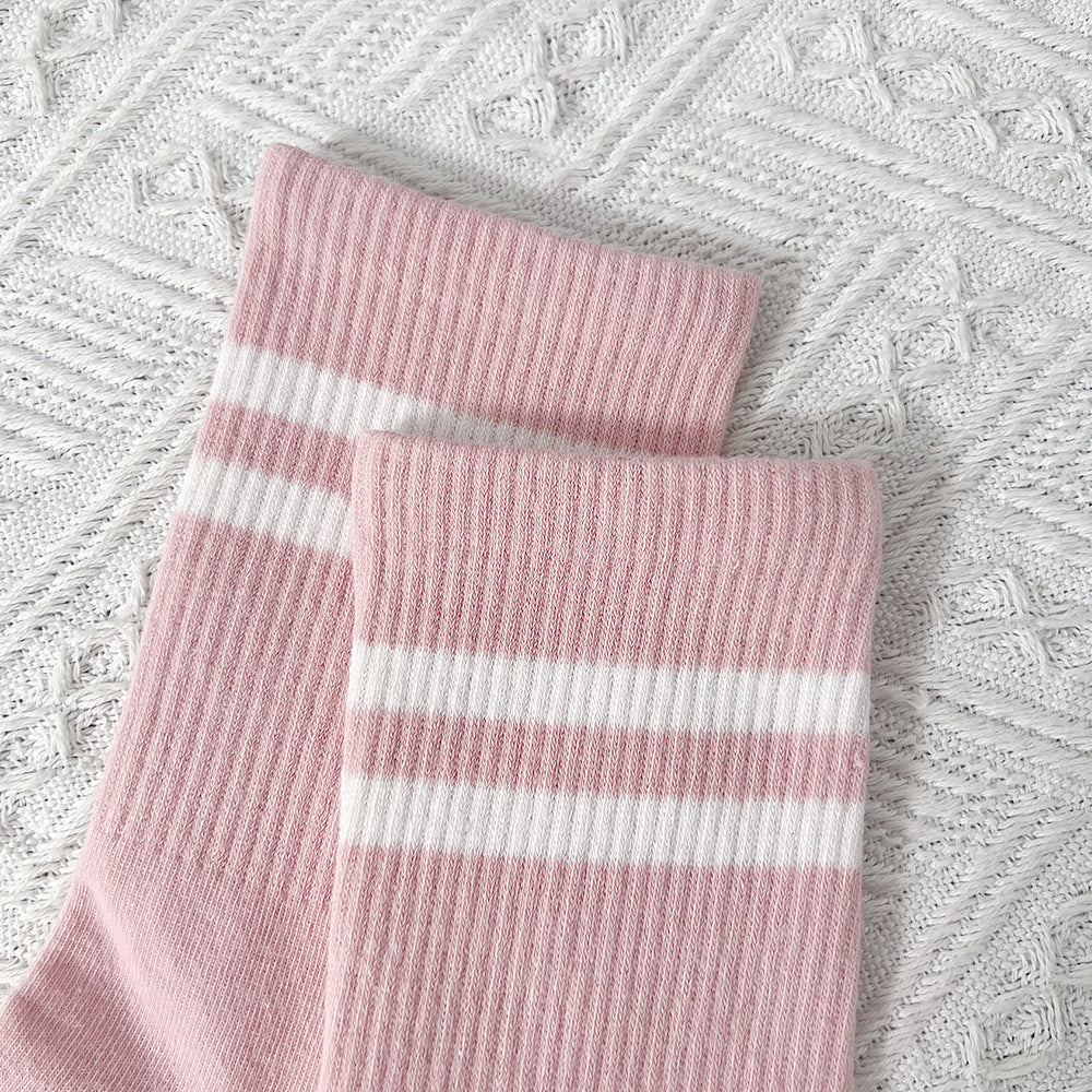 Double Stripe Ribbed Sports Crew Socks - Pink - 3