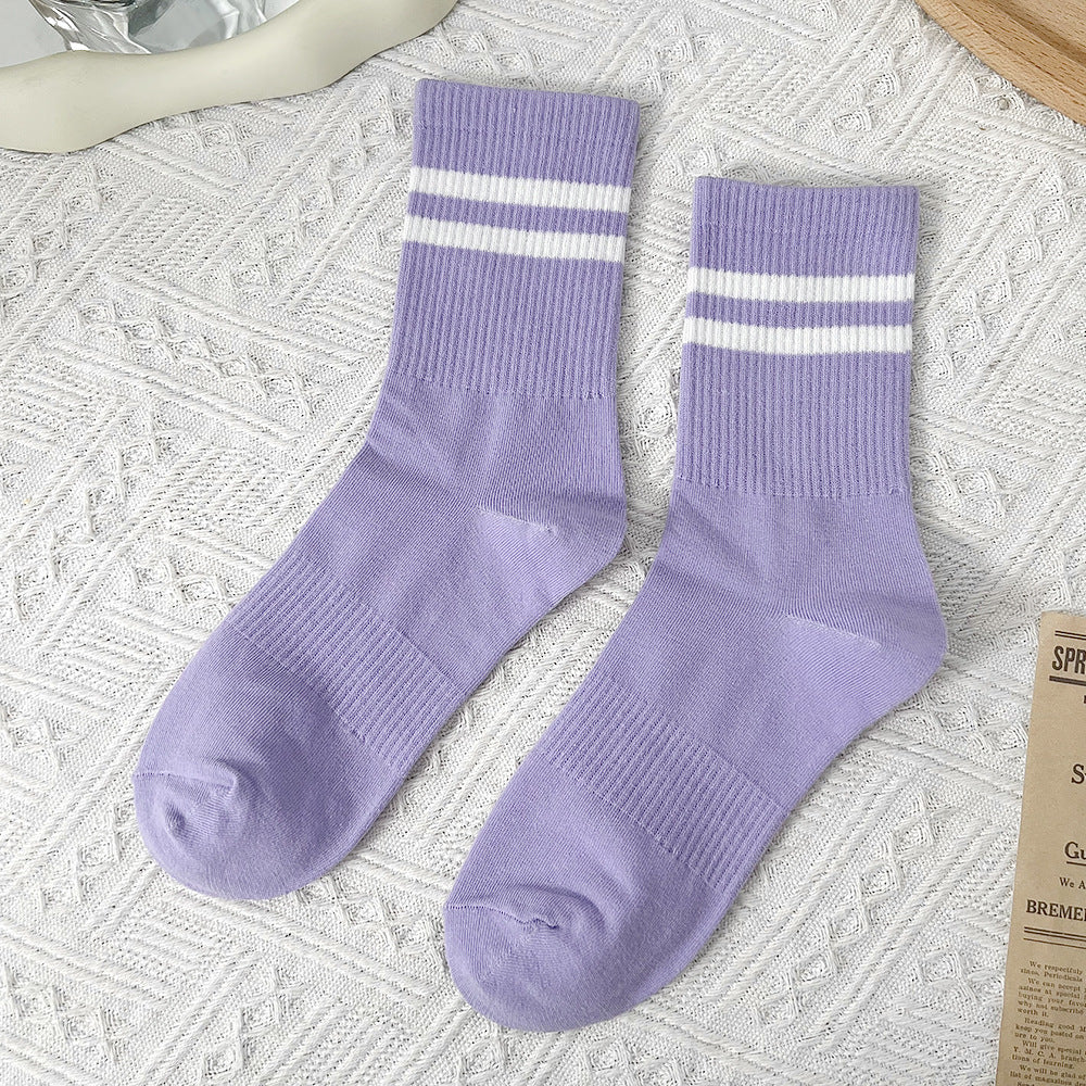 Double Stripe Ribbed Sports Crew Socks - Purple