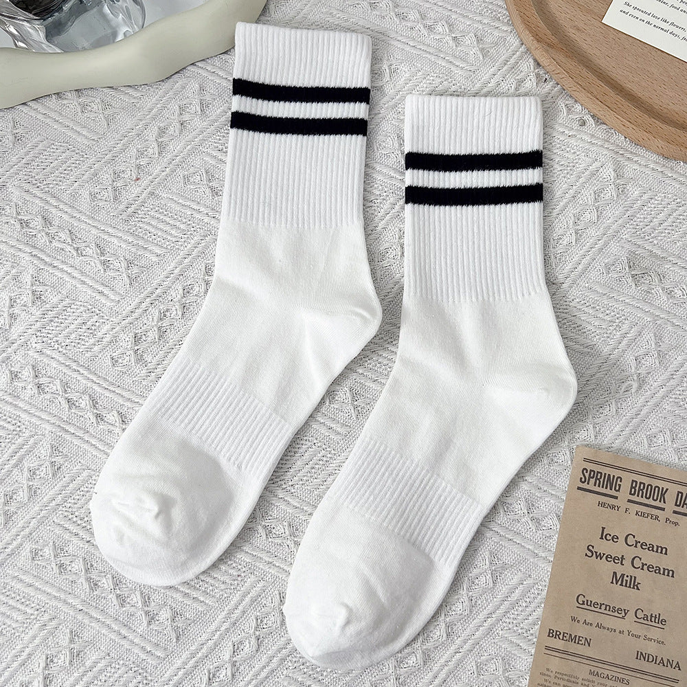 Double Stripe Ribbed Sports Crew Socks - White