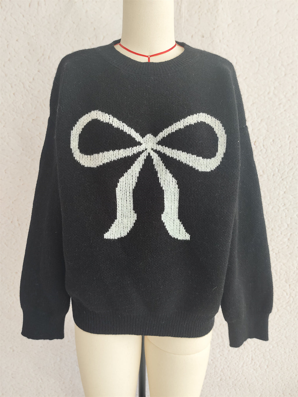 Oversized Bow Jacquard Crew Neck Sweater - Black