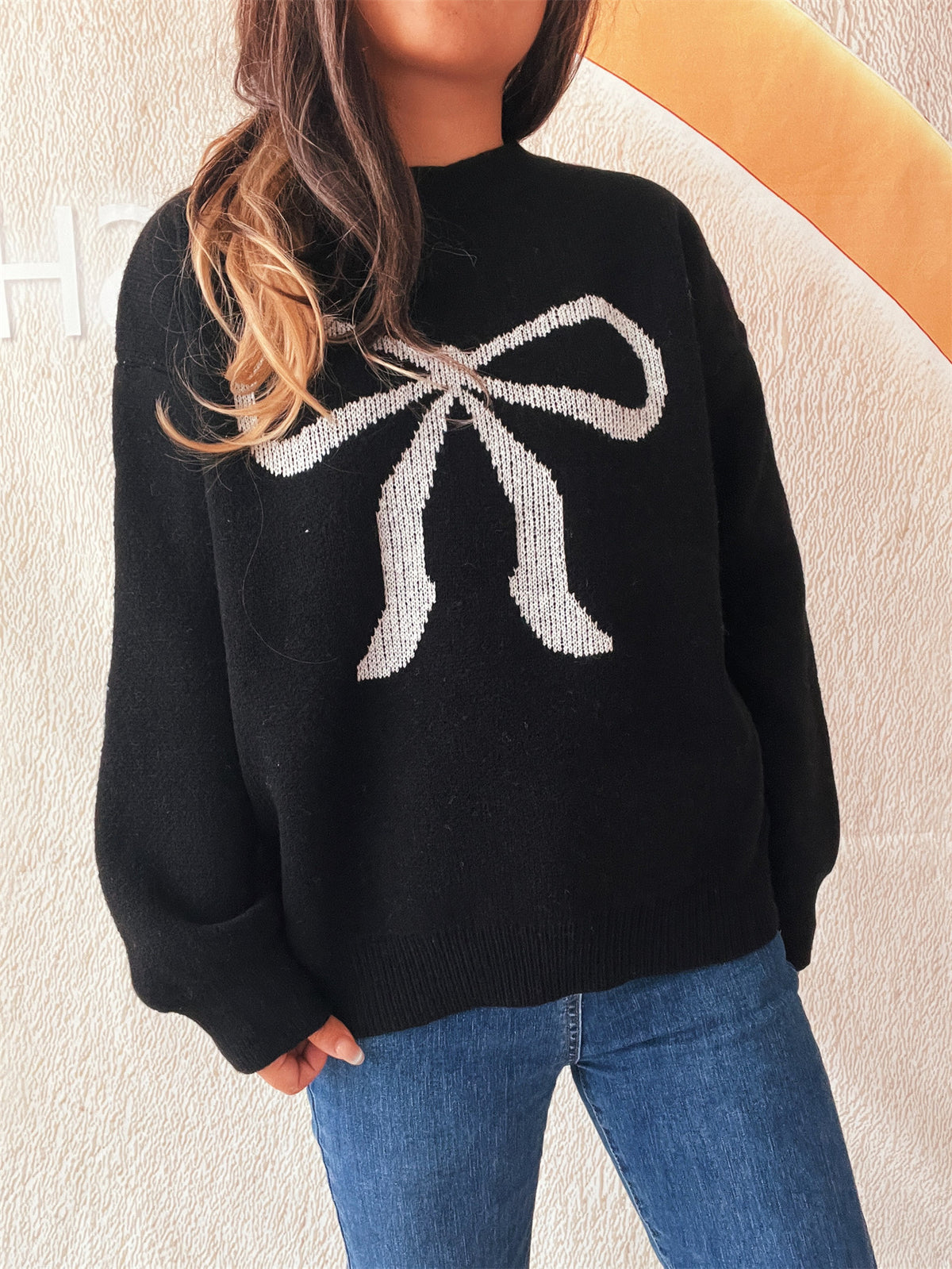 Oversized Bow Jacquard Crew Neck Sweater - Black - 1