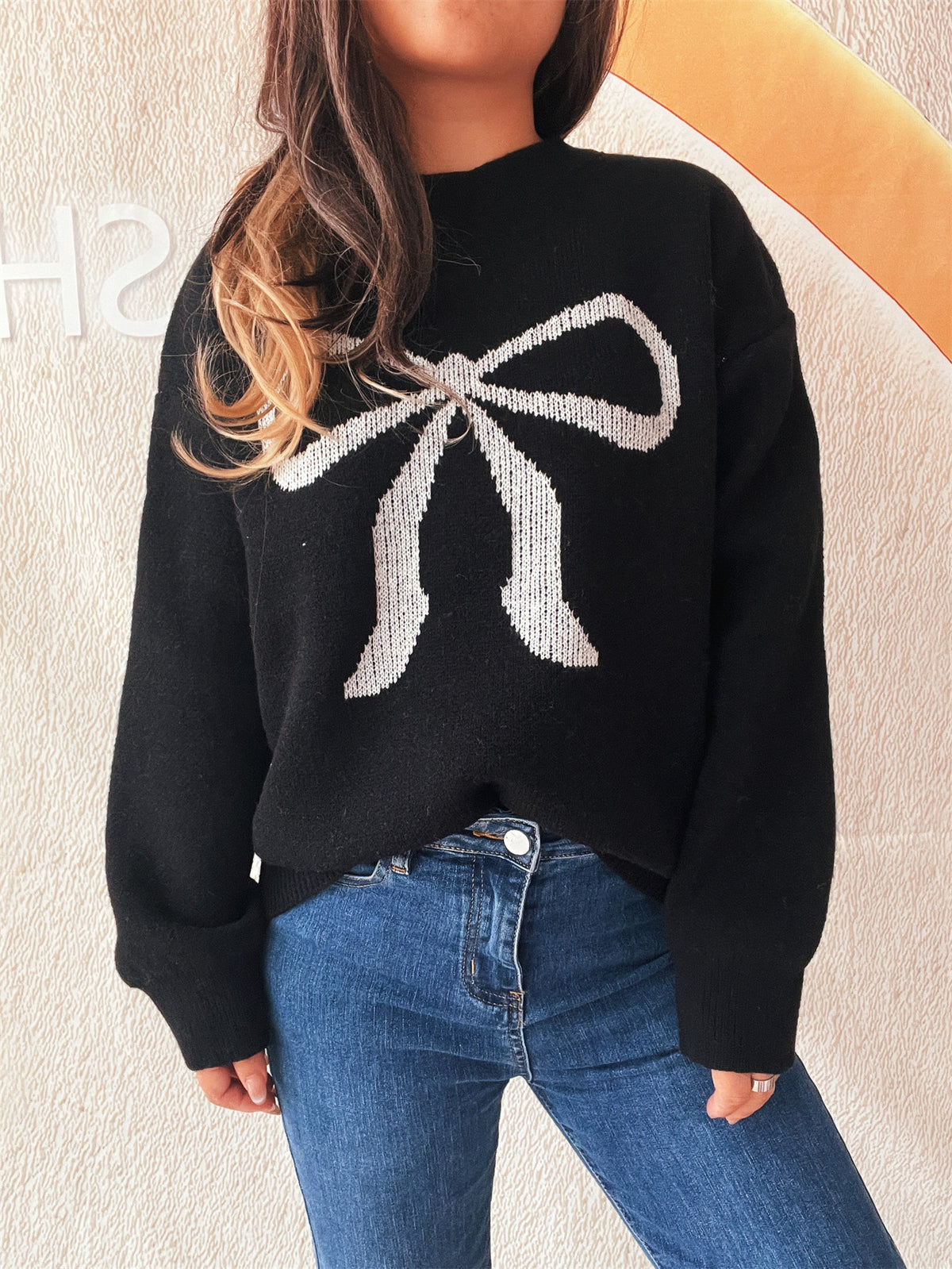 Oversized Bow Jacquard Crew Neck Sweater - Black - 2