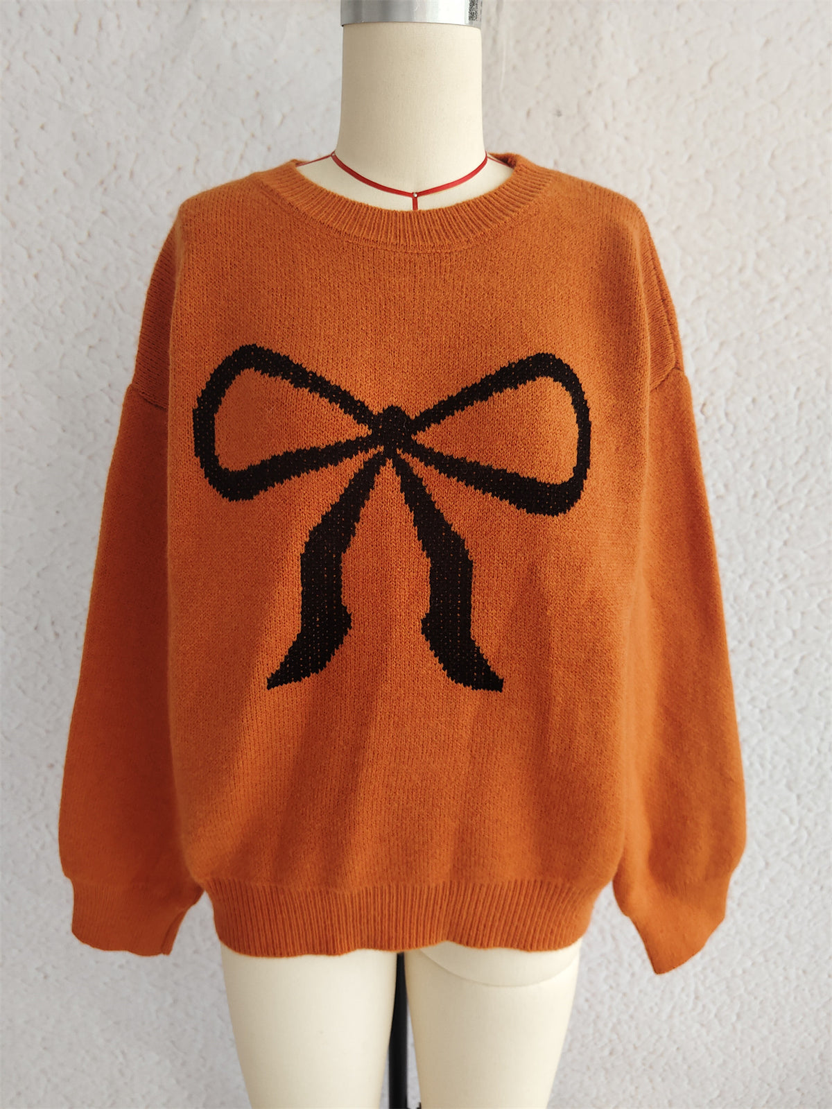 Oversized Bow Jacquard Crew Neck Sweater - Orange