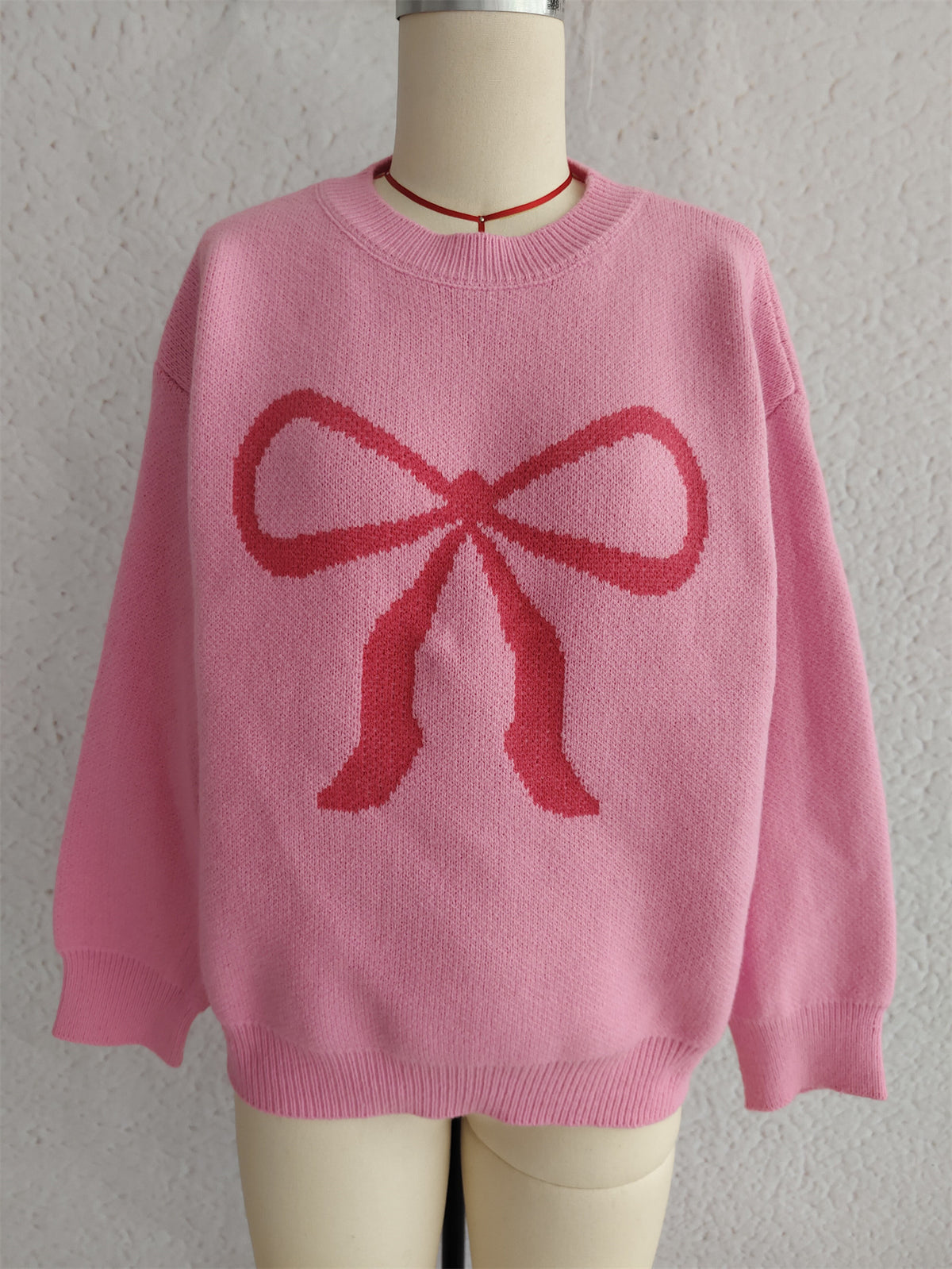 Oversized Bow Jacquard Crew Neck Sweater - Pink