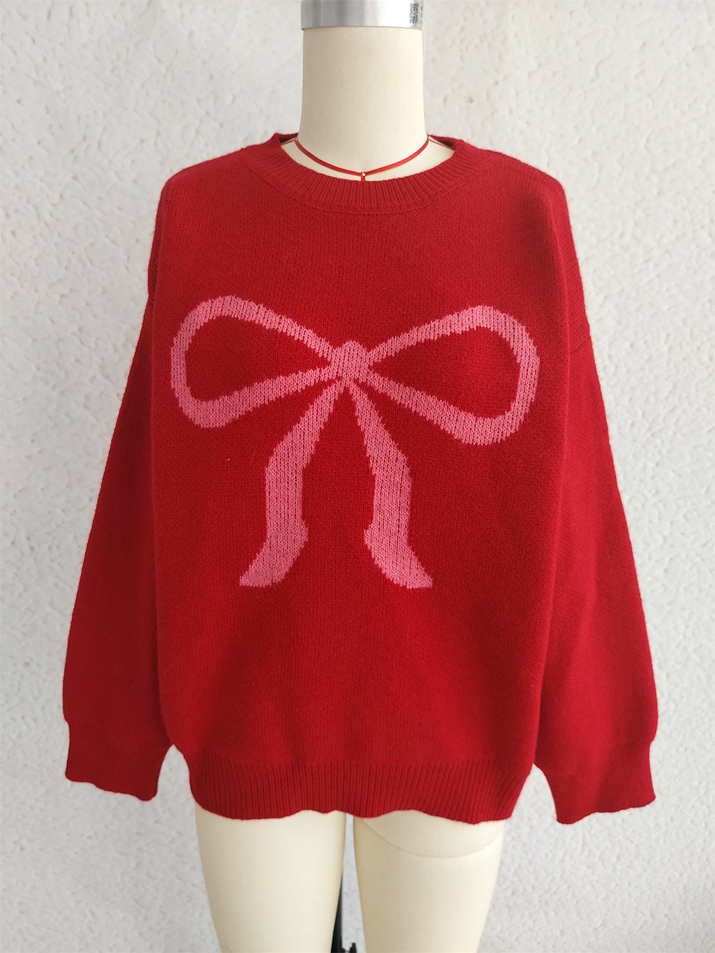 Oversized Bow Jacquard Crew Neck Sweater - Red
