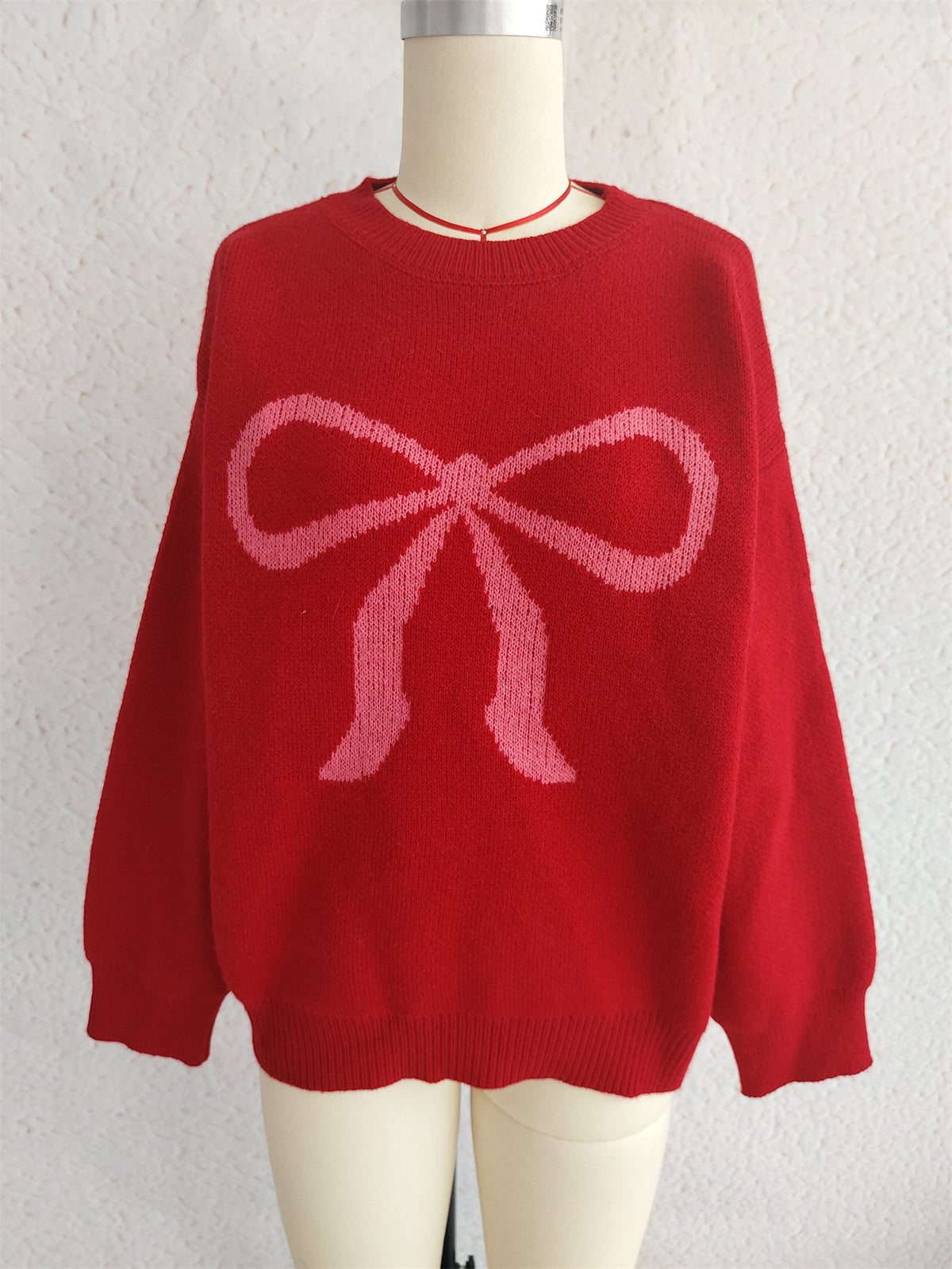 Oversized Bow Jacquard Crew Neck Sweater - Red