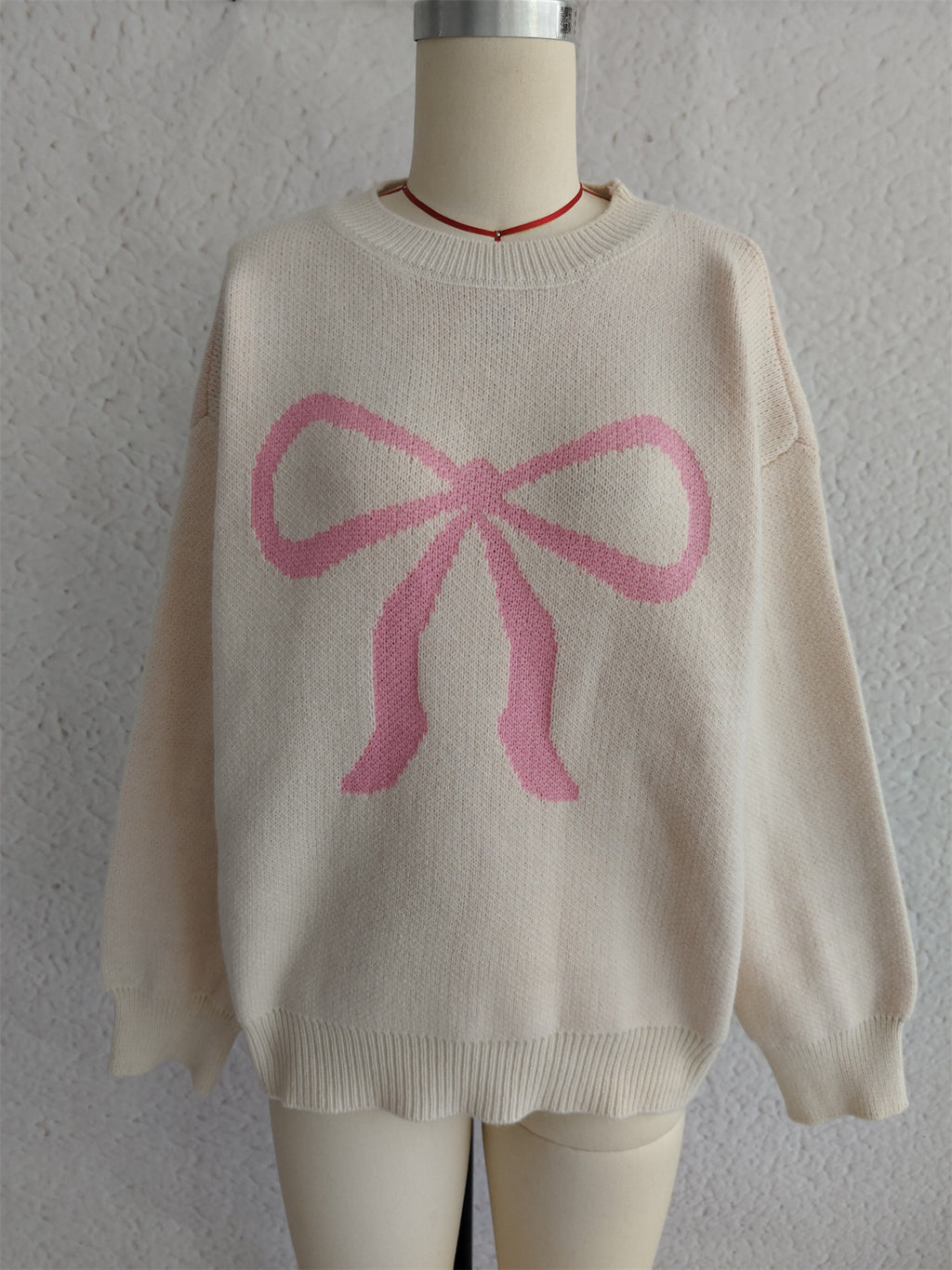 Oversized Bow Jacquard Crew Neck Sweater - W_Pink