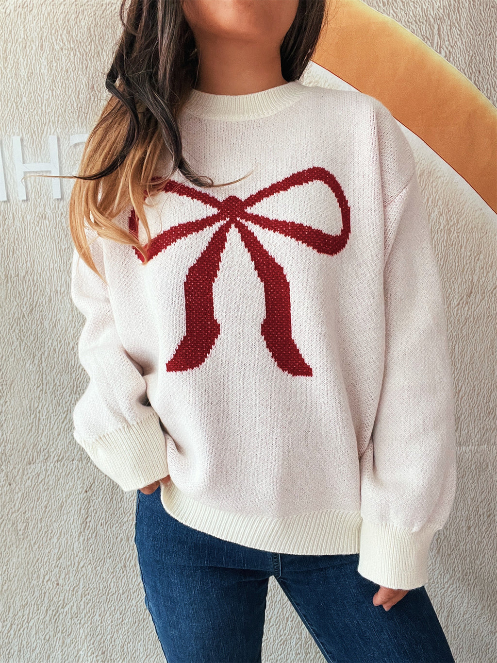 Oversized Bow Jacquard Crew Neck Sweater - W_Red