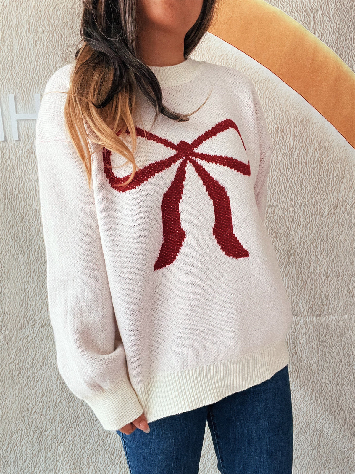 Oversized Bow Jacquard Crew Neck Sweater - W_Red - 1