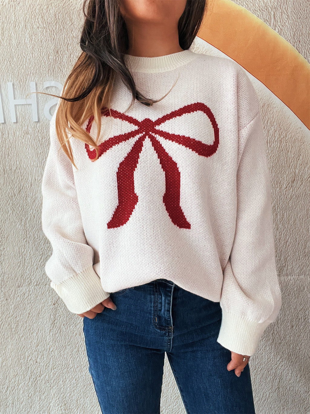 Oversized Bow Jacquard Crew Neck Sweater - W_Red - 2