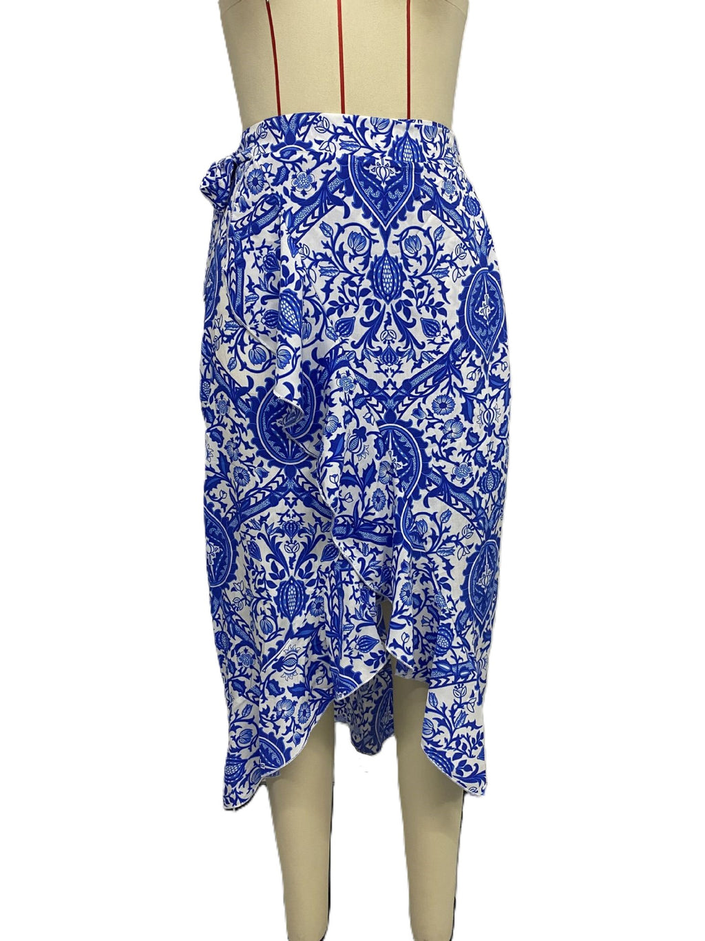 Paisley Print Ruffle Wrap Maxi Skirt - Blue